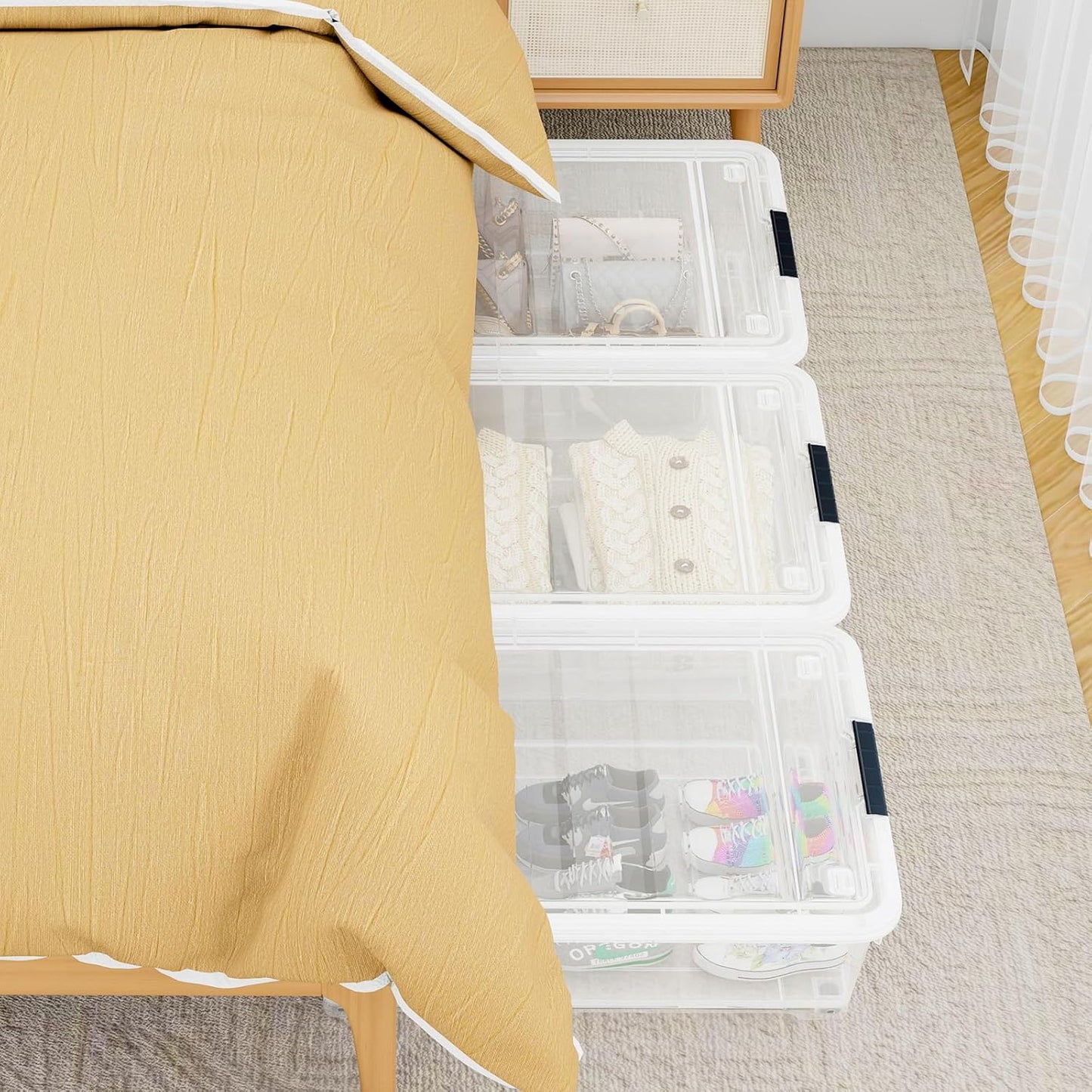 25 Quart Clear Plastic Latch Storage Box with Wheels, Under Bed Storage Box, 3 Pack