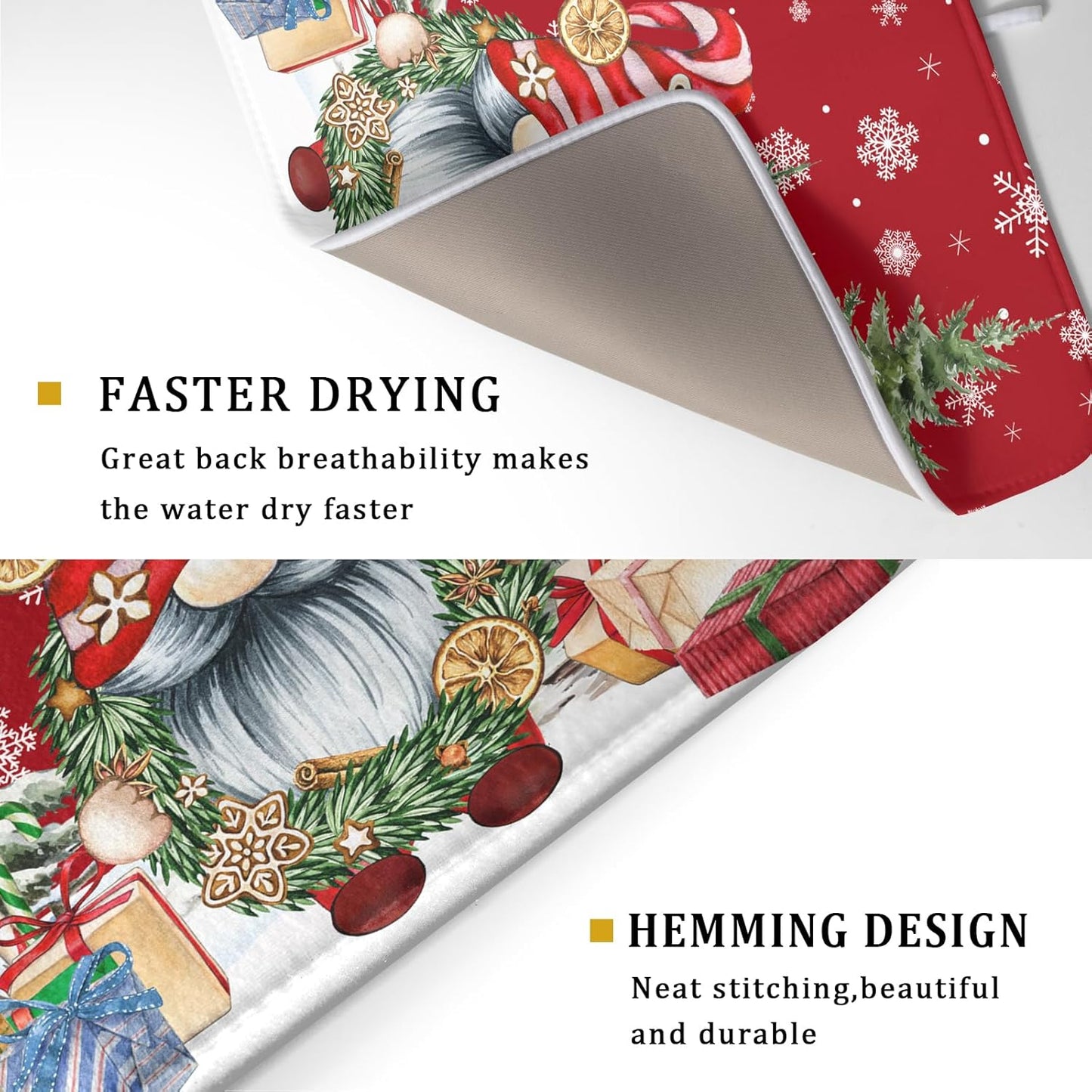 Christmas Dish Drying Mat for Kitchen Counter, Merry Christmas Dish Drying Mat 18 x 24 Inch Xmas Gnomes Absorbent Reversible Microfiber Dish Drying Pad Kitchen Drying Mat for Coffee Bar