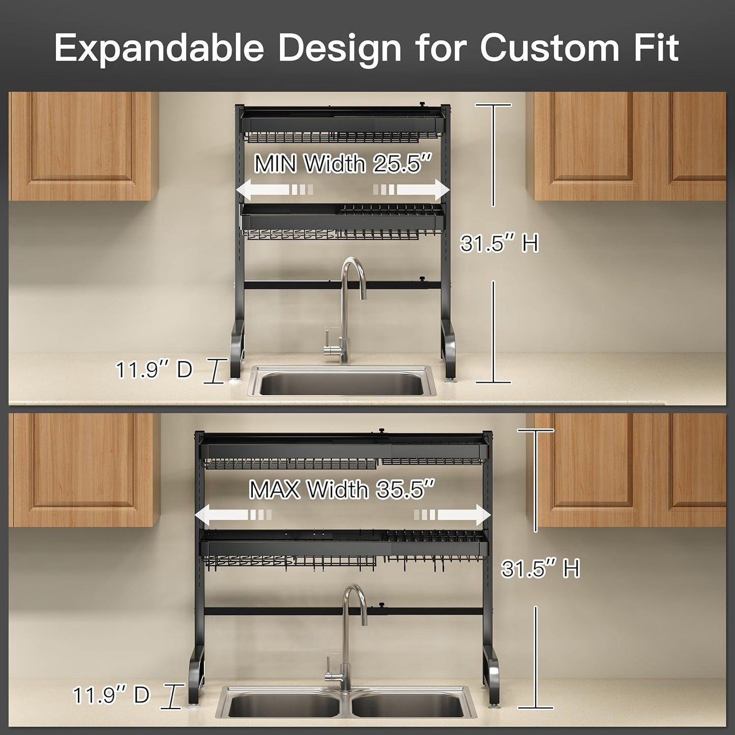 3 Tier Extra Large Stainless Steel Expandable Over The Sink Dish Drainer Drying Rack, Rust Proof Metal, Space Saving, Modern Black Big Capacity Extendable Plate Strainers Above Kitchen Counter