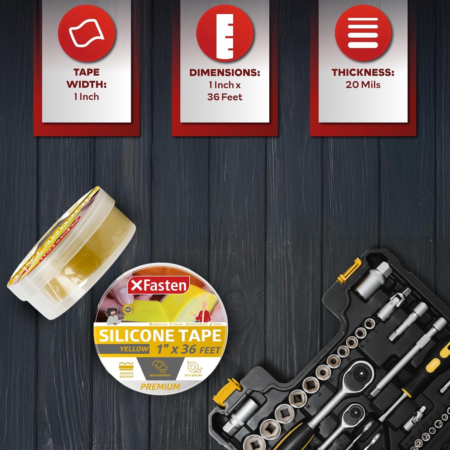 XFasten Self Fusing Silicone Tape Waterproof – 1" x 36 Feet Yellow, Self Amalgamating Tape, Silicone Rubber for Plumbing, Sealing Pipes, Hose Repair, Outdoor Coax and Electrical Cables – Weatherproof