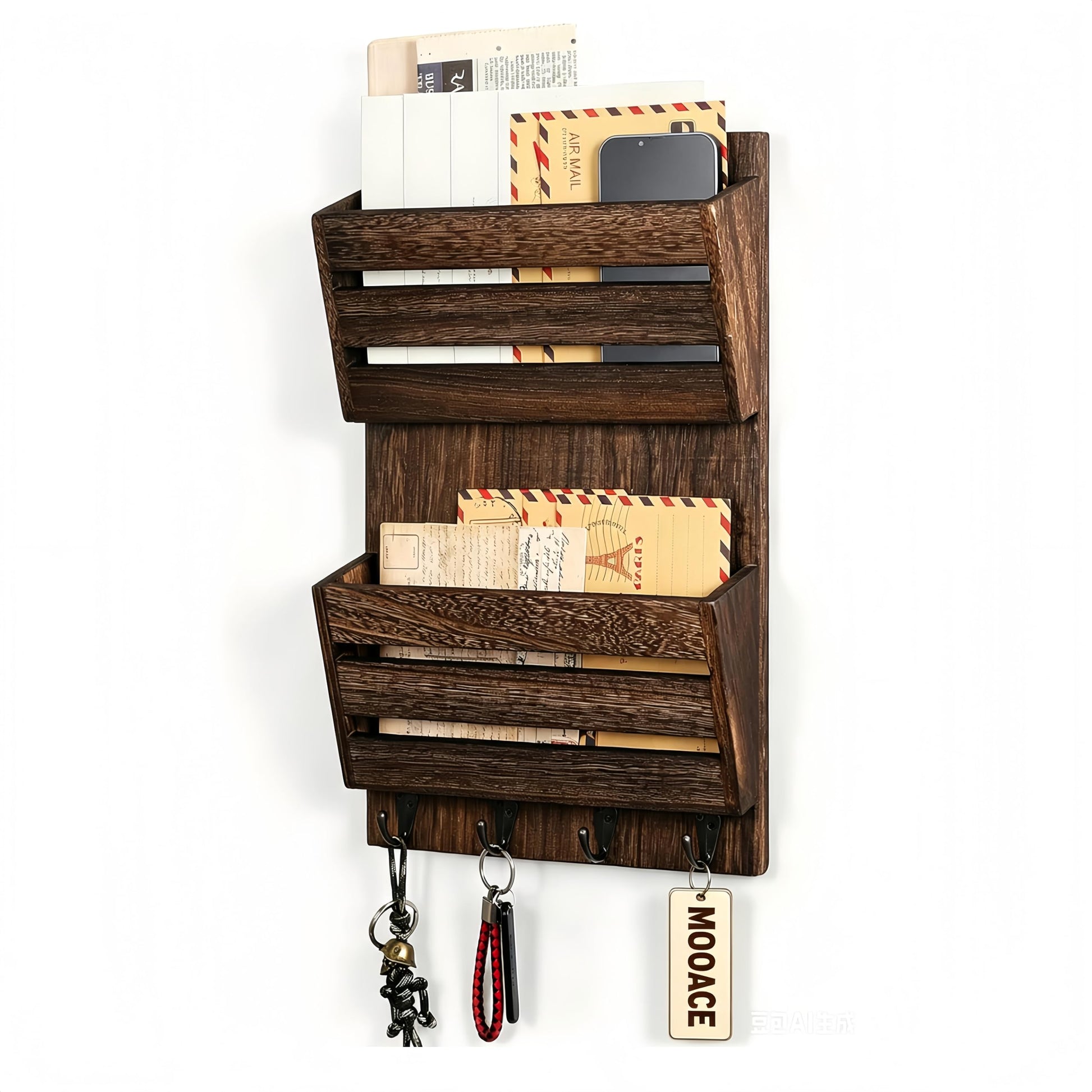 MOOACE Mail Organizer Wall Mount, Wood Mail and Key Holder with Hooks