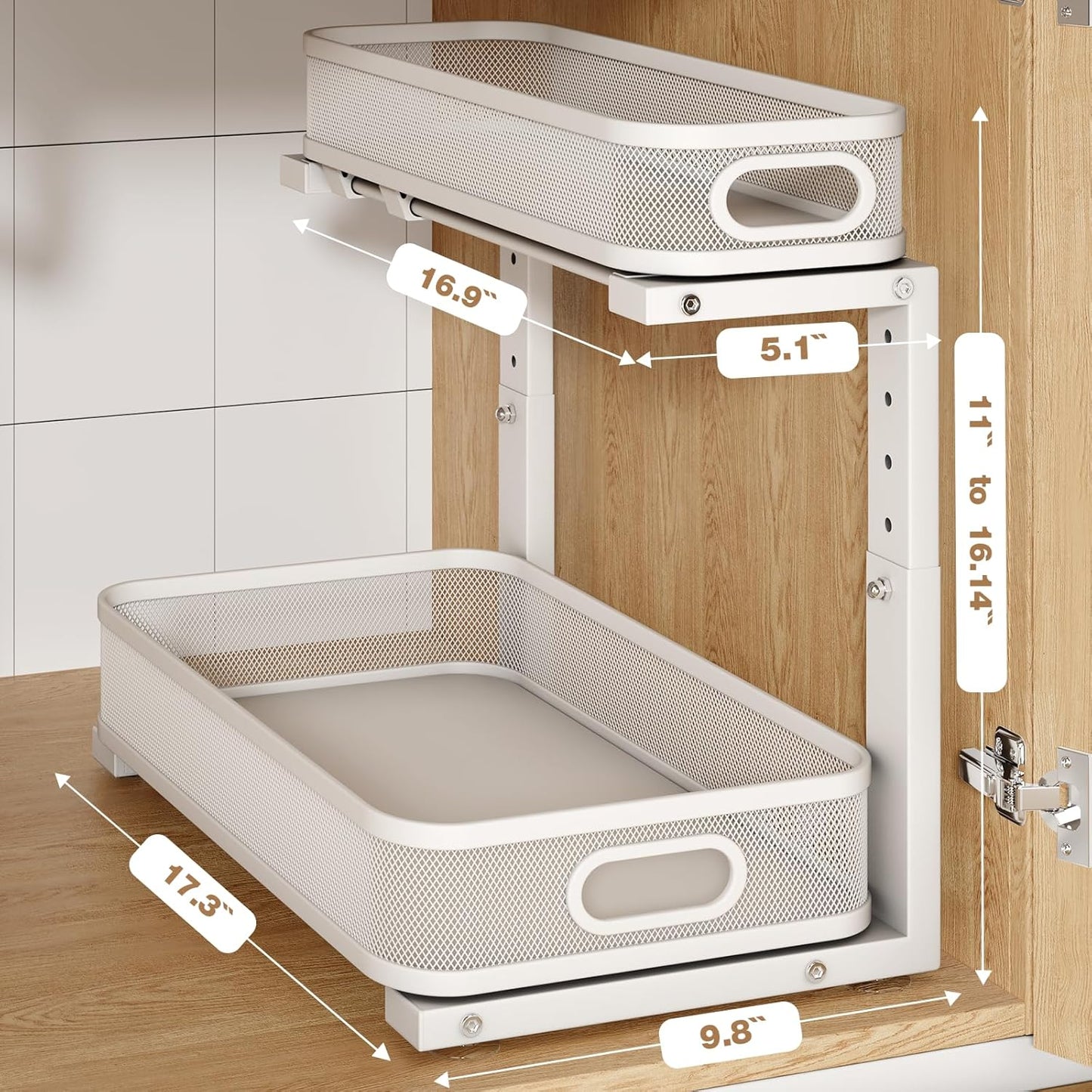 2 Pack 17.3IN-Depth Under Sink Organizer with Smooth Cylindrical Rail,2-Tier Pull Out Multi-Purpose Cabinet Storage for Bathroom&Kitchen,Height Adjustable,Rust-Resistant Coating-Gun Gray