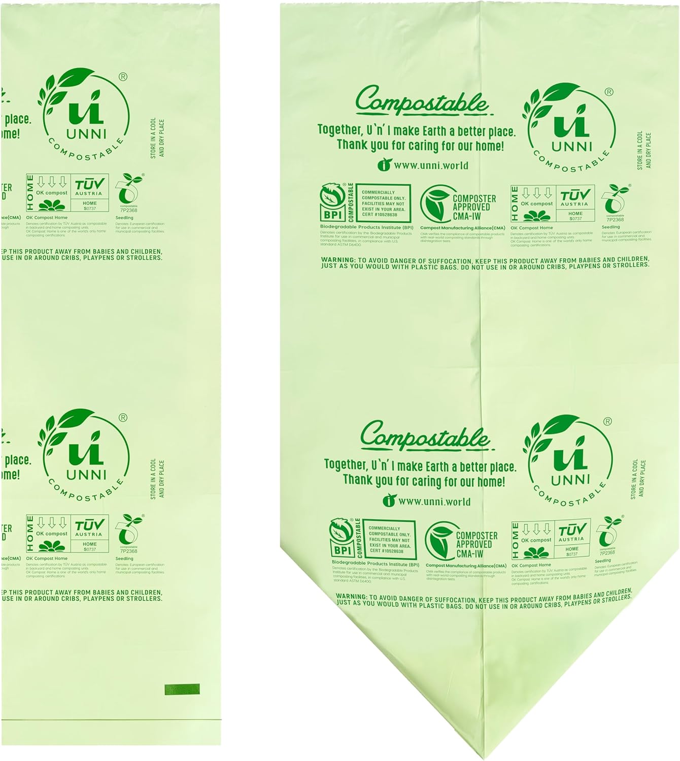 UNNI Compostable Trash Bags, 13 Gallon / 49.2 Liter, 200 Count Value Pack, Extra Thick 0.9 Mil Tall Kitchen Food Scrap Bin Liners, Certified by BPI, CMA & OK compost HOME, Meets ASTM D6400 Standard