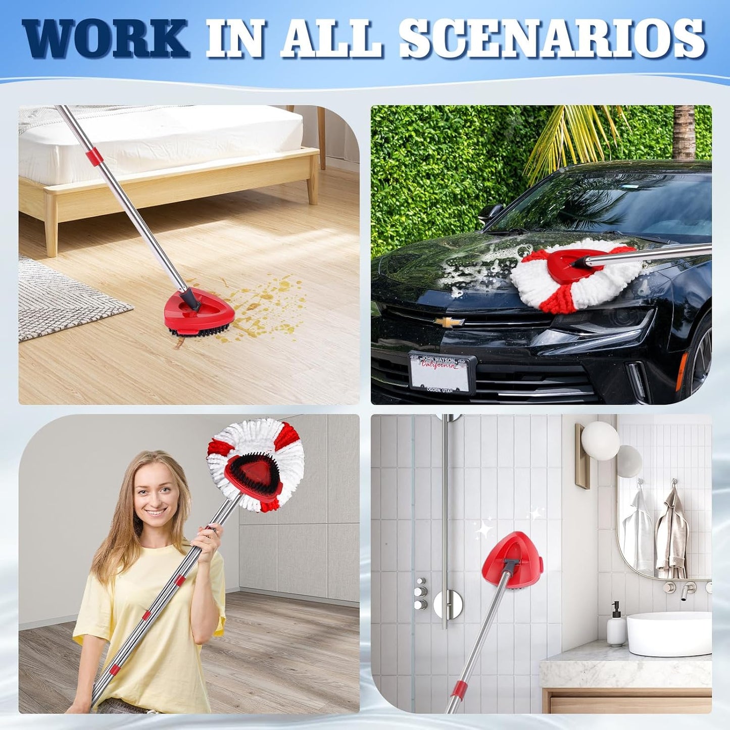 4 Pack Spin Mop Replacements Head Compatible for EasyWring 1-Tank System,Microfiber Spin Mop Refills Head,1 Mop Scrub Brush + 1 Mop Base + 4 Pack Cleaning Floor Mop Head（Red)