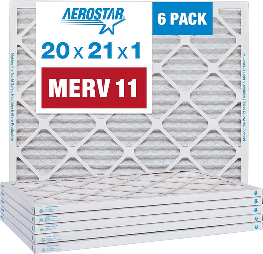 Aerostar 20x21x1 MERV 11 Pleated Air Filter, AC Furnace Air Filter, 6 Pack (Actual Size: 19 7/8" x