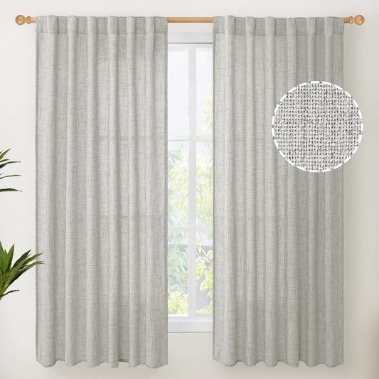 YoungsTex Light Grey Linen Curtains 63 Inches Length 2 Panels for Living Room - Textured Semi Sheer Drapes with Rod Pocket Back Tab Light Filtering for Bathroom Bedroom, 52 X 63 Inch