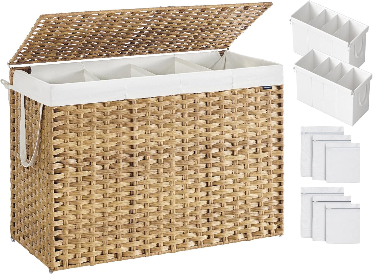 SONGMICS Laundry Hamper with Lid, 200 L Clothes Hamper with 2 Removable Liner Bags, 6 Mesh Bags, Wicker Laundry Basket, Double Laundry Hamper for Bathroom, 15.7 x 33.9 x 24 Inches, Natural ULCB452Y01