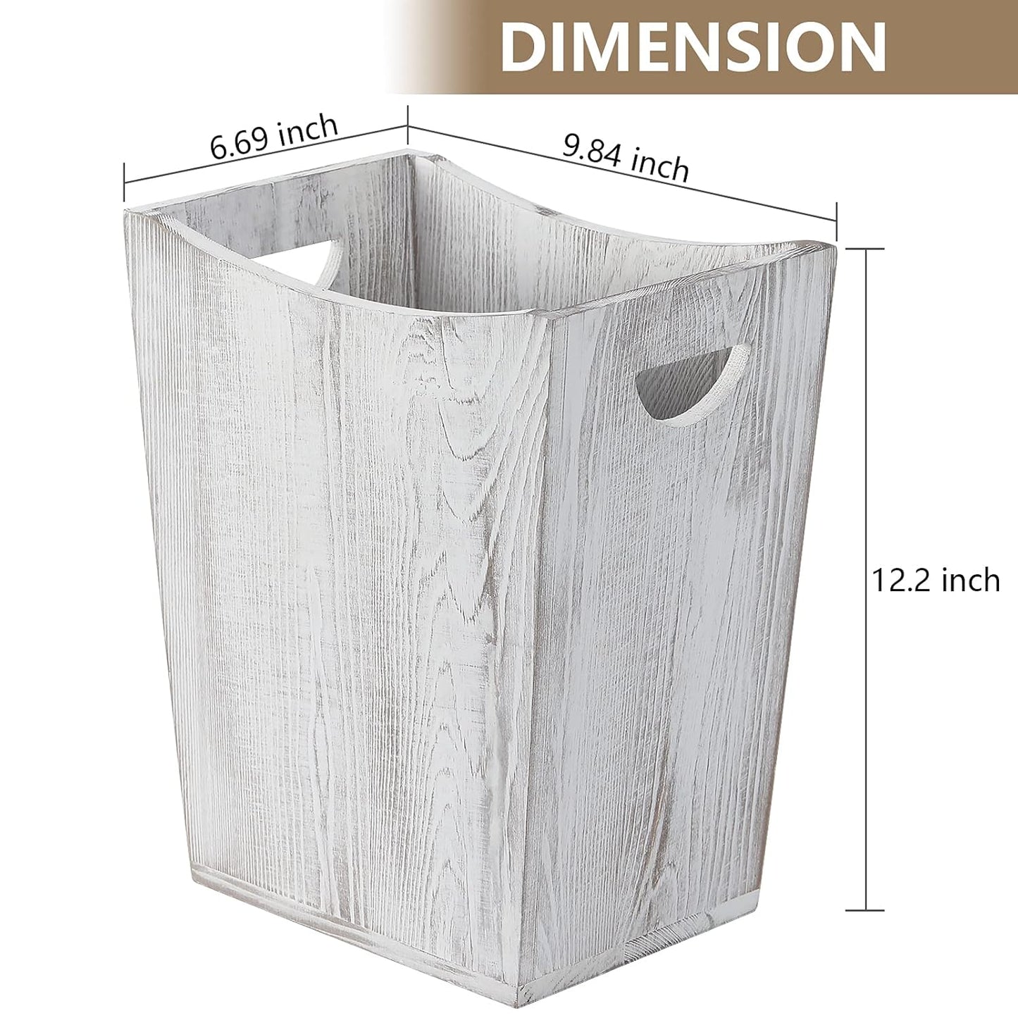 SEHERTIWY Wood Trash Can, Farmhouse Wastebasket Bin for Bathroom, Office, Bedroom, Living Room, Small Square Rustic Garbage Container (Wood-White)