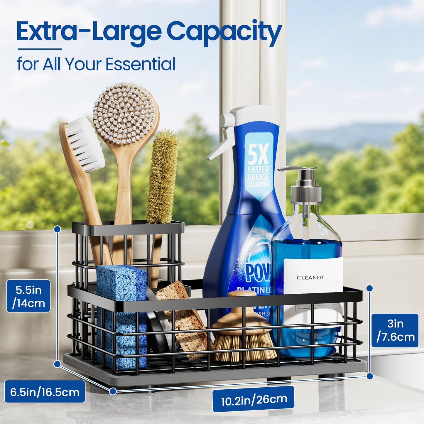 Kitchen Sink Caddy Organizer with Sponge & Brush Holder, Stone Drying Mat