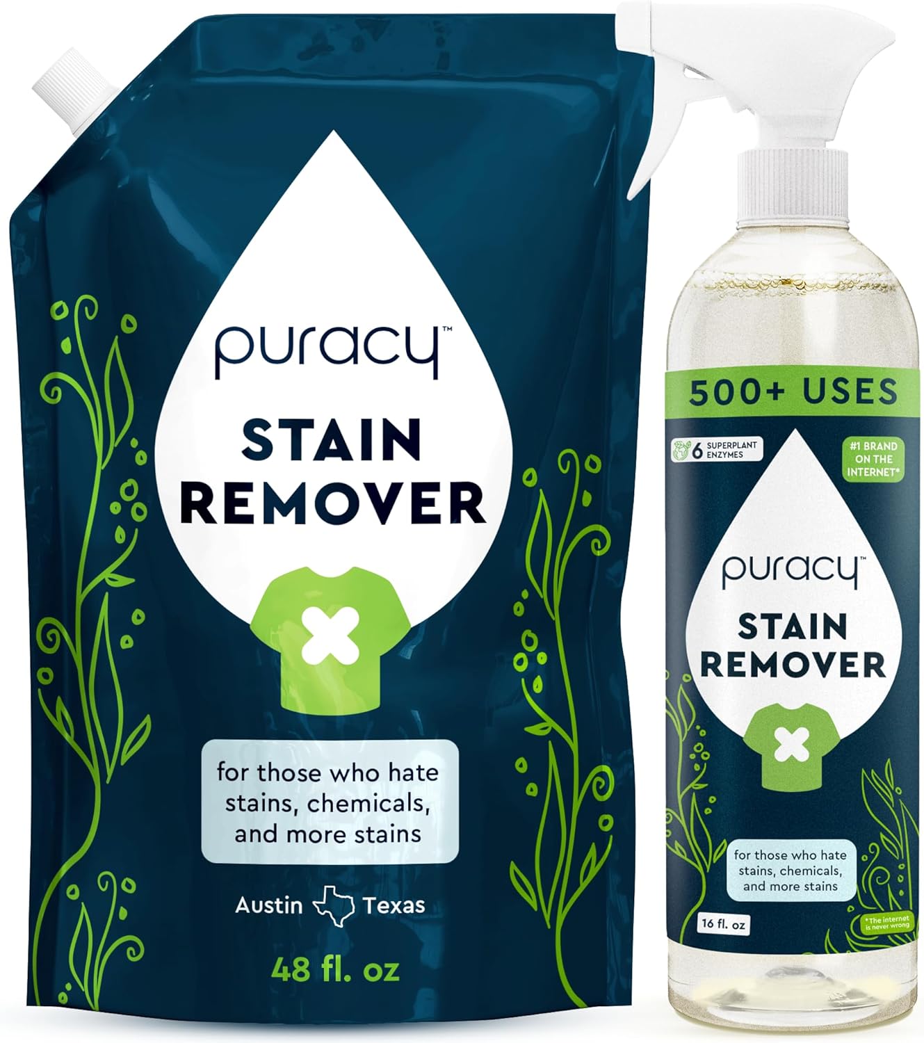 Puracy Stain Remover, Natural Based Travel and Laundry Stain Cleaner for Clothes, Baby Essentials, Kids Stains, Oil and Fabric Spot Cleaner, Unscented (Stain Remover Spray and Refill, 64 fl oz)