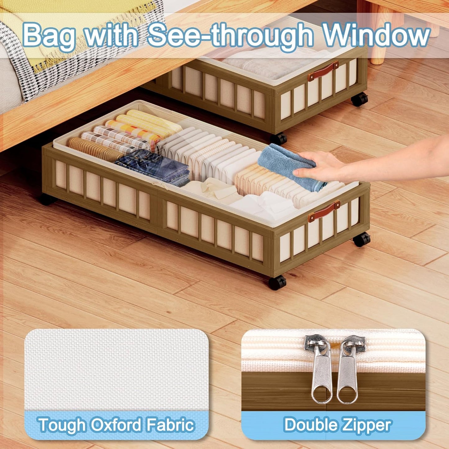 efluky 2-Pack Bamboo Under Bed Storage with Wheels, Rolling UnderBed Storage Basket with Large Dust Bag, Under Bed Storage Containers for Bedroom, Dorm and Basement, Brown