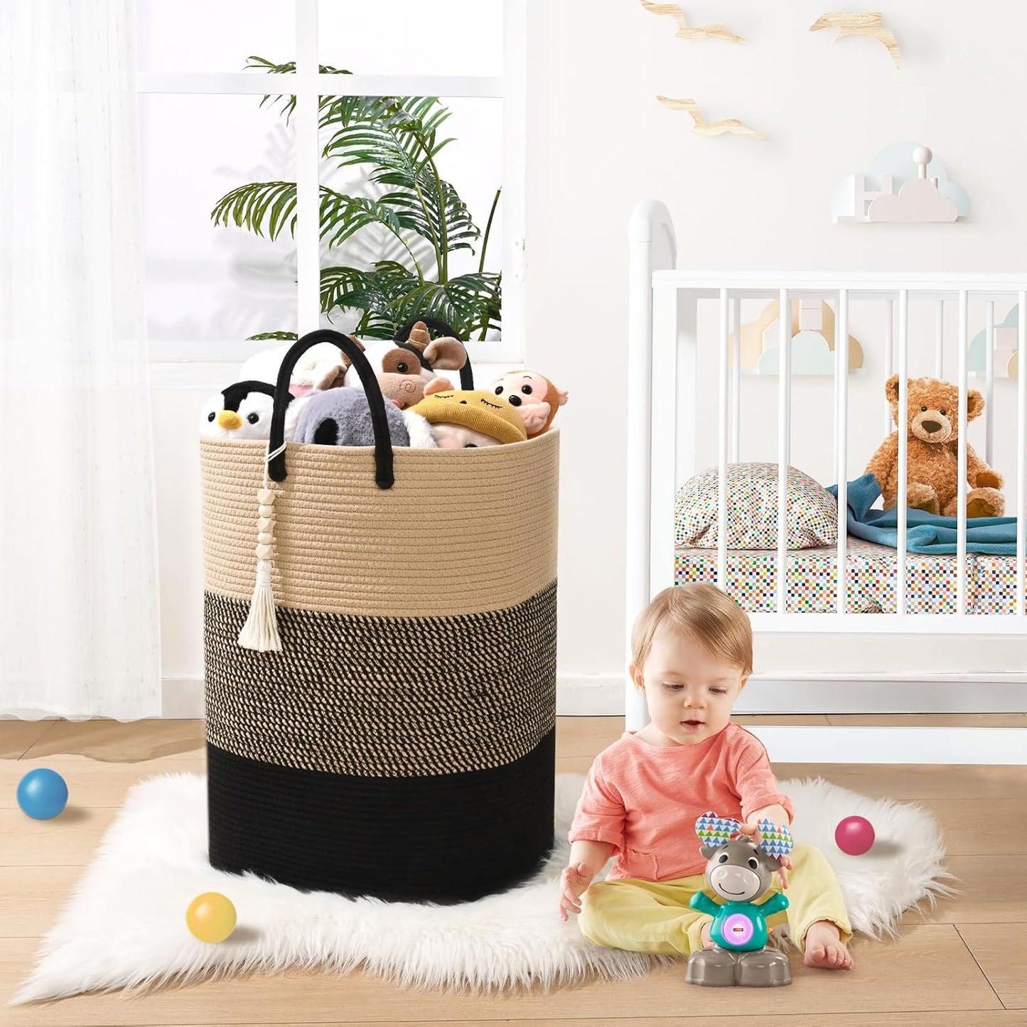 Woven Laundry Basket for Clothes, 50 L Large Rectangle Laundry Hampers with Beads Tassel, Nursery Storage Basket for Toys, Tall Dirty Clothes Hamper for Bedroom Aesthetic, Laundry Room Organization