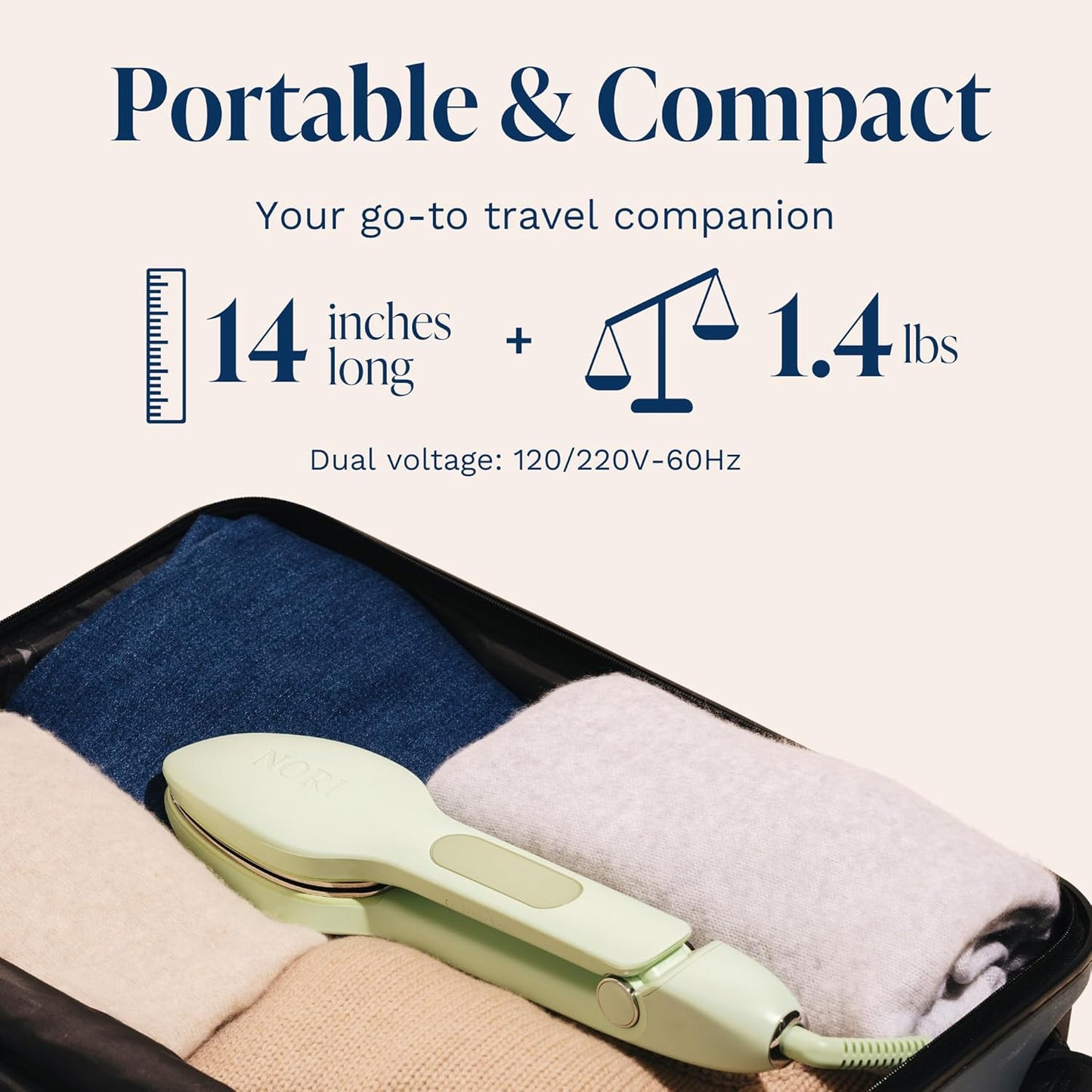 Nori Press Travel Steam Iron - Handheld Iron With Optional Steam Feature - No Ironing Board Required - Easy to Use w/ 6 Fabric Settings - Removes Wrinkles - User Manual Included - Green