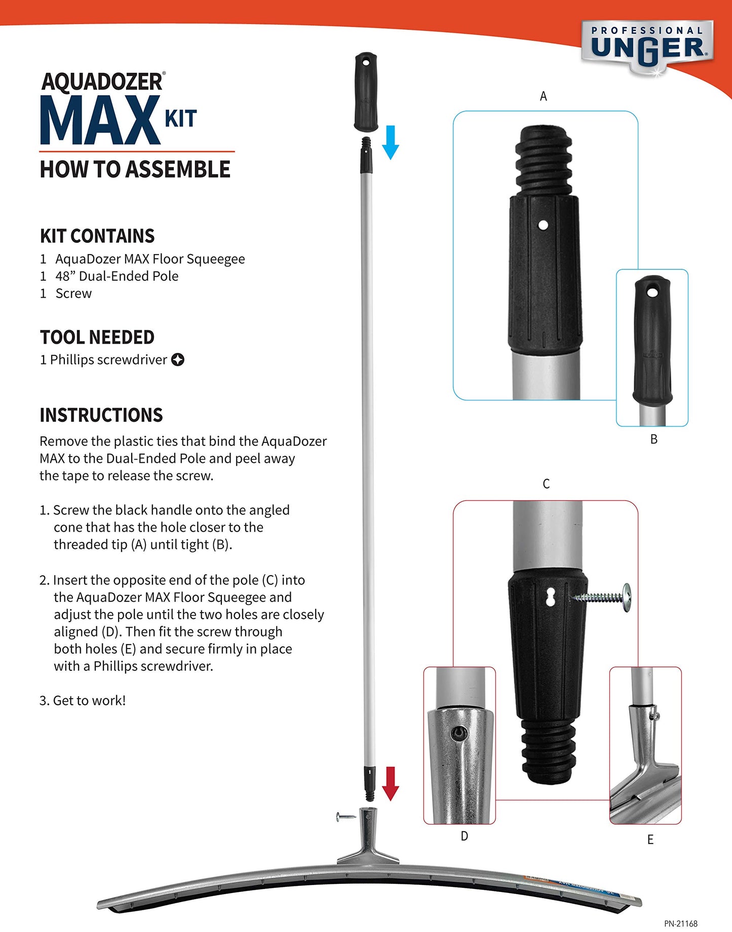 Unger Professional AquaDozer Max Kit, 36” Smooth Surface Curved Floor Squeegee and 48” Dual End