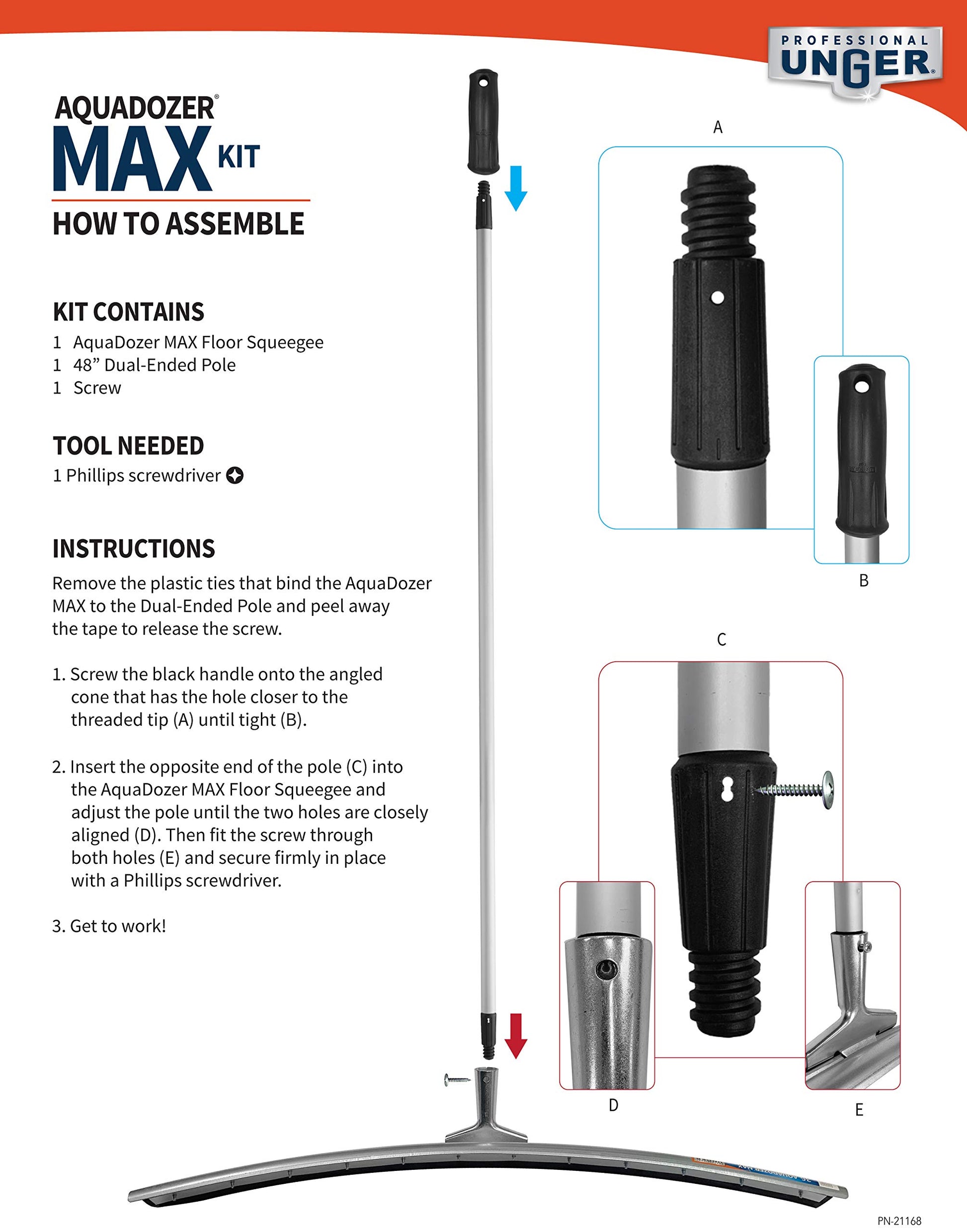 Unger Professional AquaDozer Max Kit, 36” Smooth Surface Curved Floor Squeegee and 48” Dual End