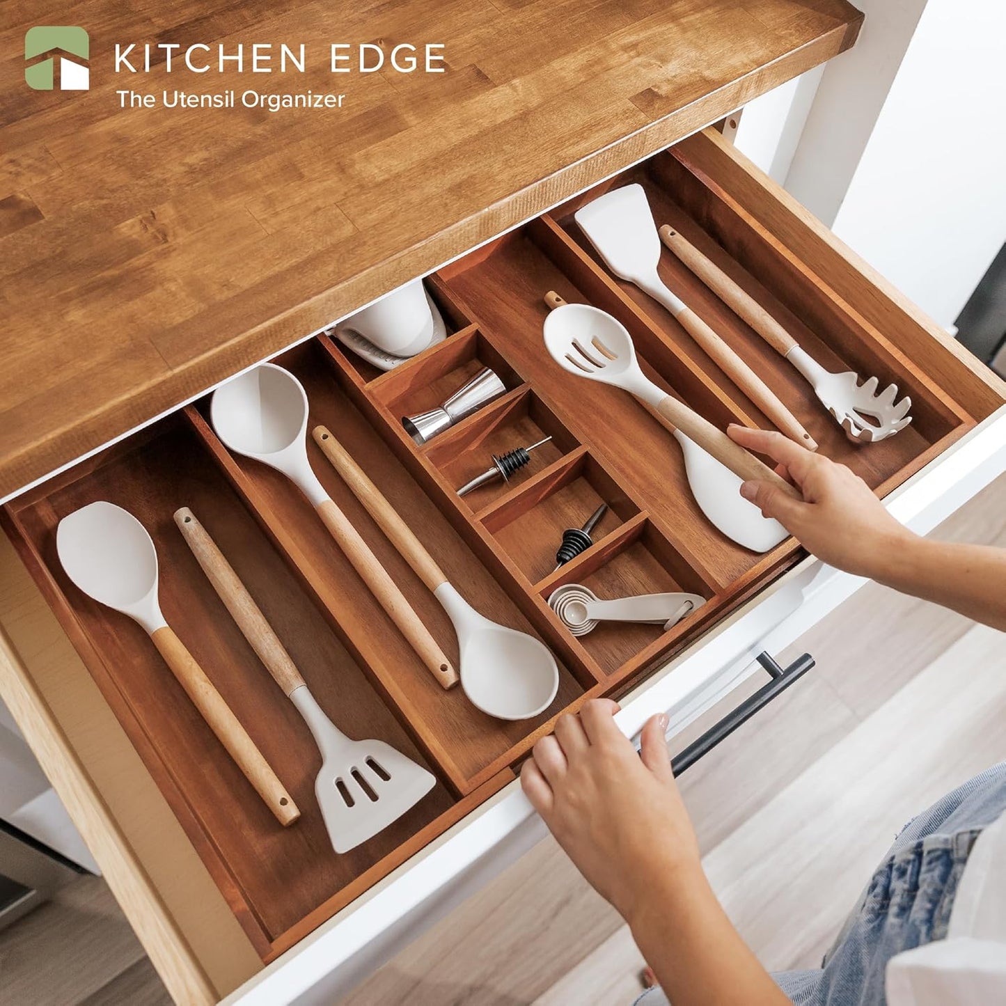 KitchenEdge Adjustable Kitchen Drawer Organizer for Utensils and Junk, Food-Safe Contract Grade with 100% Sustainable Wood, Non-Slip, Expandable from 16" to 28" Wide - Natural Acacia