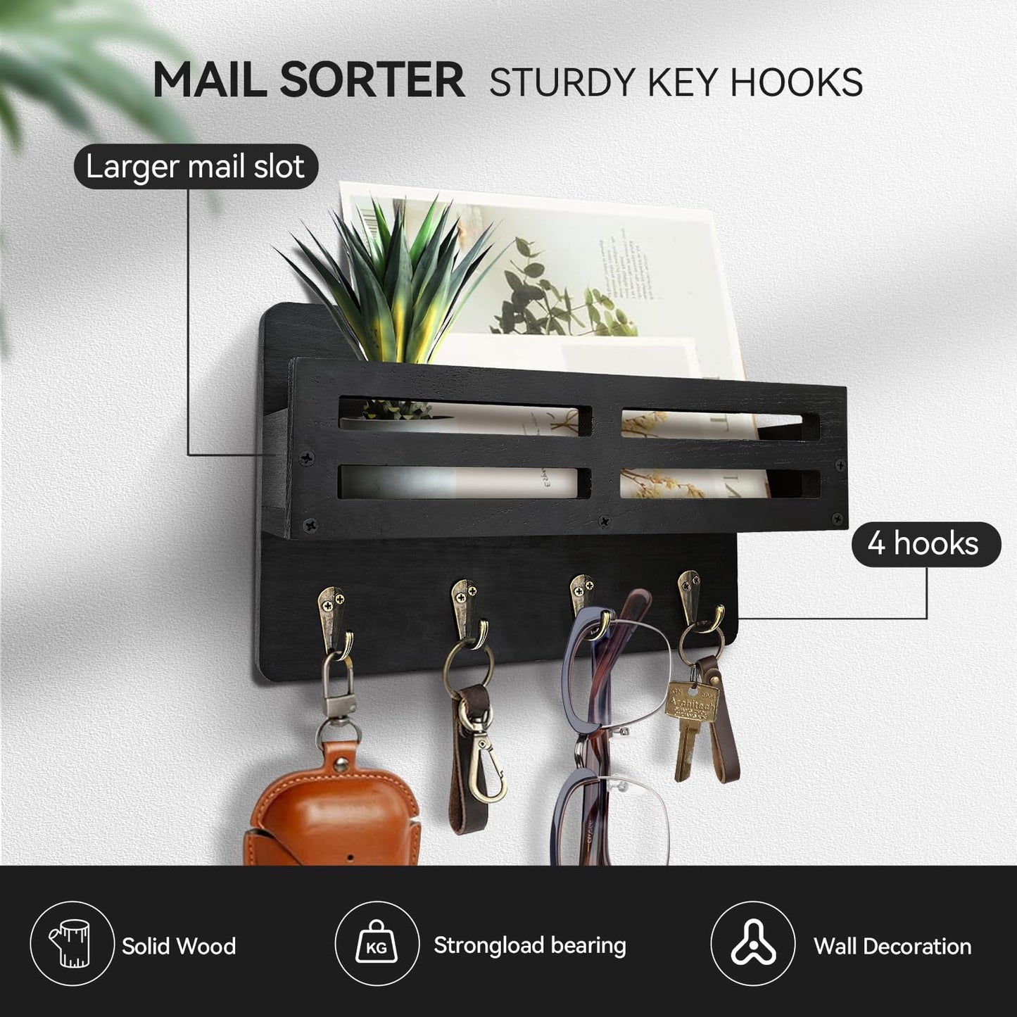 KISENG Key Holder Wall Mount, 10 inch Decorative Key and Mail Holder for Wall, with Mail Organizer
