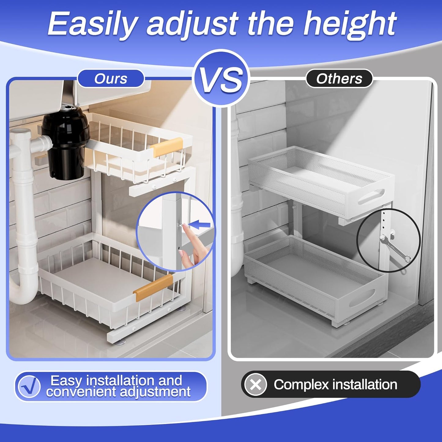 ADBIU Under Sink Organizer, 2 Pack 2 Tier Expandable Height (White, Large Size)