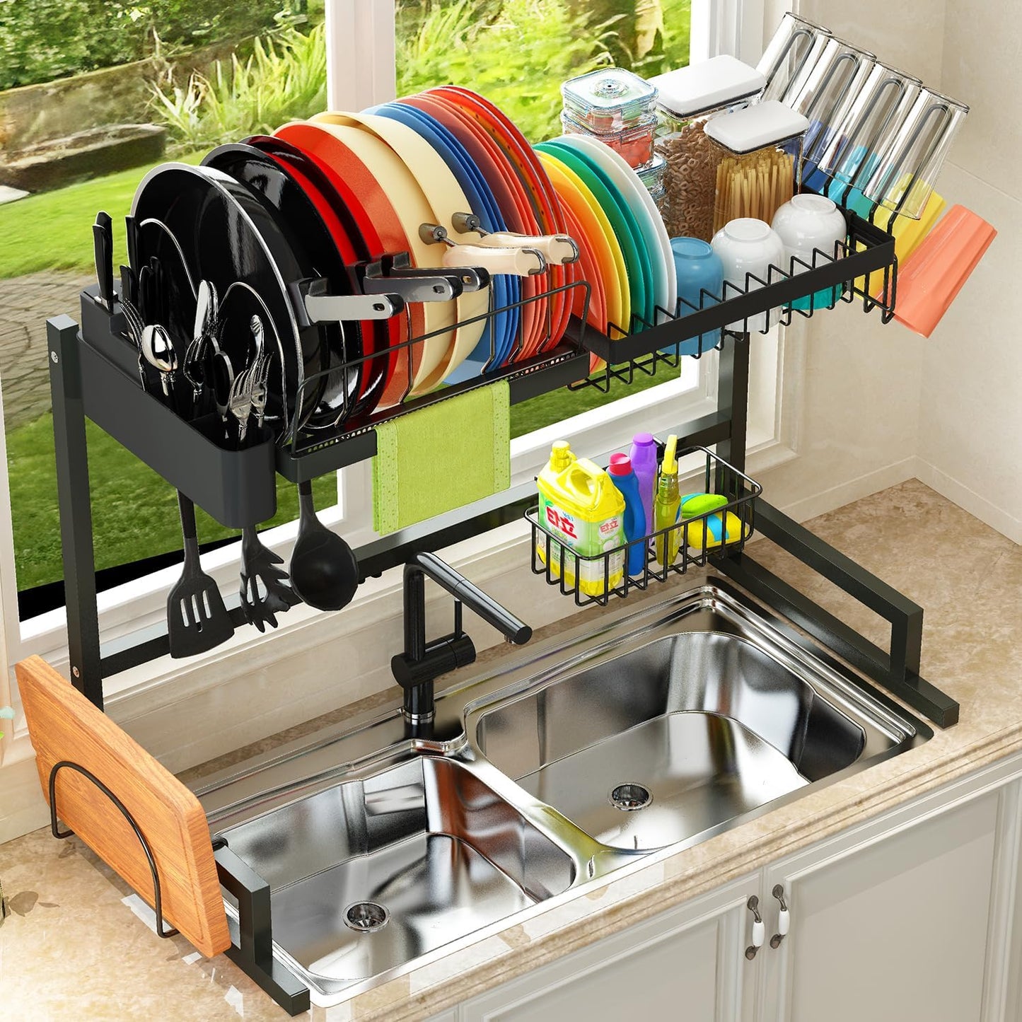 ADBIU 【Fit Sink 24"- 35.6" L 2024 Over The Sink Drying Rack (Expandable Dimension) Snap-On Design 2 Tier Large Dish Rack Kitchen Count Organization and Storage