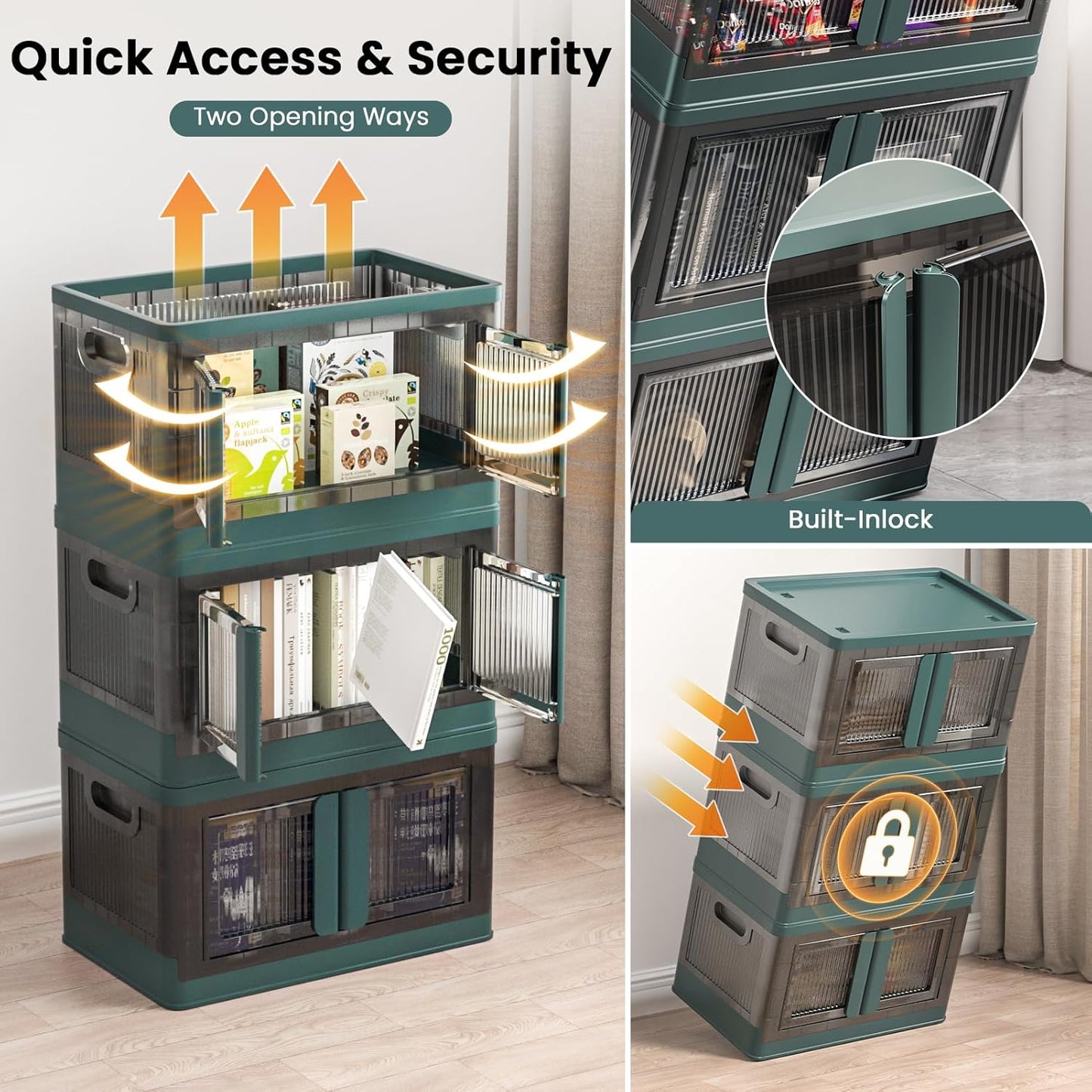 8.4Gal Collapsible Storage Bins with Lids & Wheels - 6 Pack Stackable with Doors, Heavy-Duty Plastic Containers for Home/Office, Green