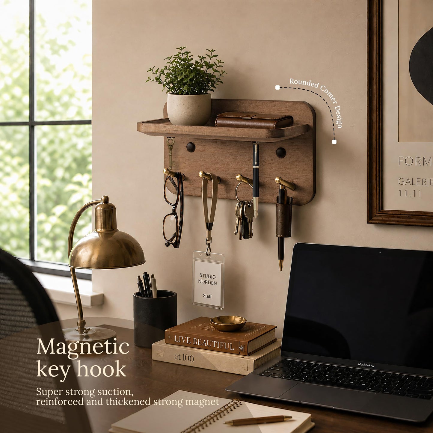 LEIRUOTM Key Holder Wall Mount, Solid Wood Key Holder for Wall with 4 Brass Hooks & Hidden Magnets