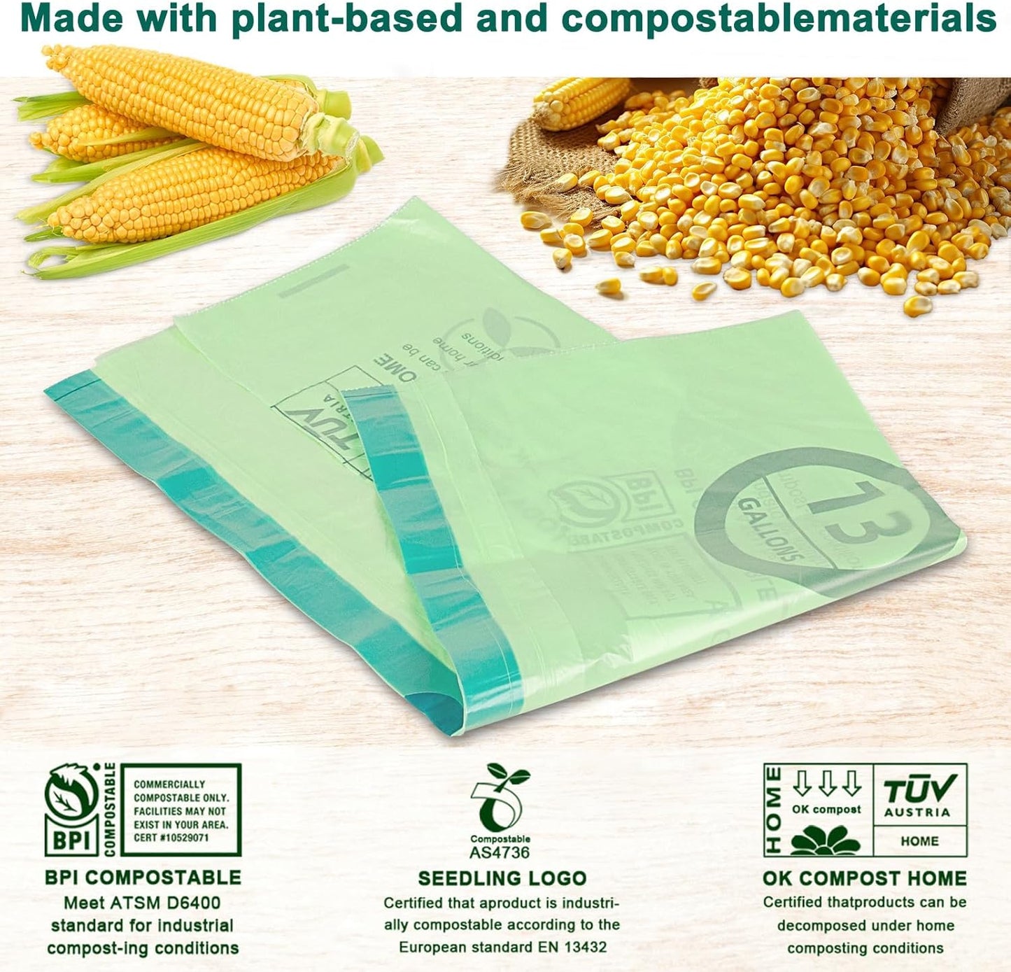 13 Gallon,200 Count, Compostable Trash Bags with Drawstring,Tear Resistant Kitchen Food Scrap Waste Bag, ASTM D6400, US BPI and Europe OK Compost Home Certified