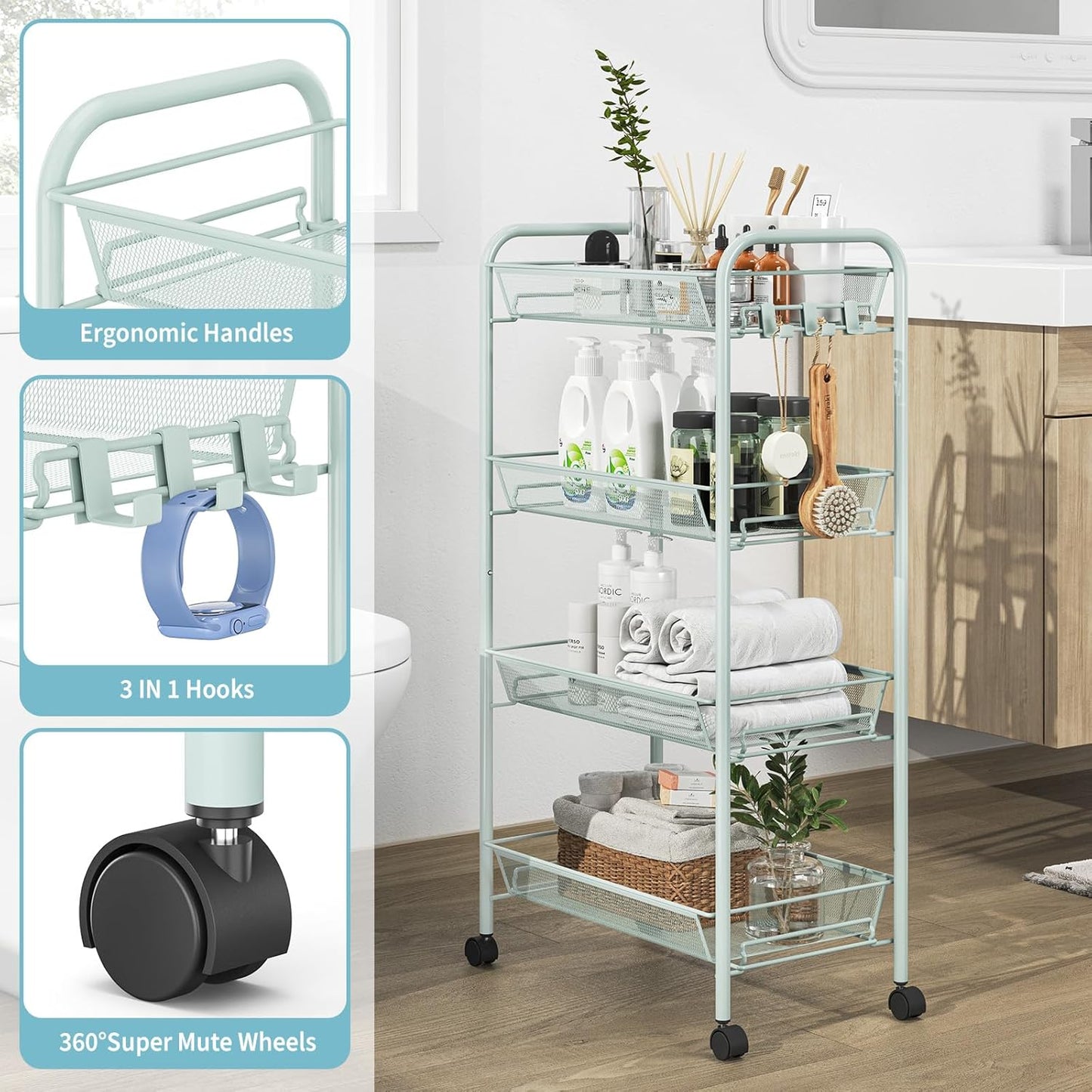 TOOLF 4-Tier Rolling Cart, Metal Utility Cart with 3 Hooks, Easy Assemble Mobile Storage Trolley On Wheels, Metal Shelving Units Kitchen Bathroom Laundry Room