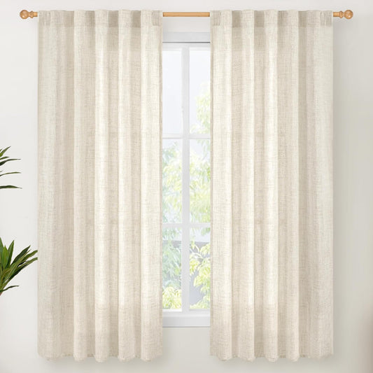 YoungsTex Linen Curtains 63 Inch Length for Living Room, Semi Sheer Window Drapes with Rod Pocket Back Tab Curtain Light Filtering for Bedroom Office, Linen, 2 Panels, 38 X 63 Inch