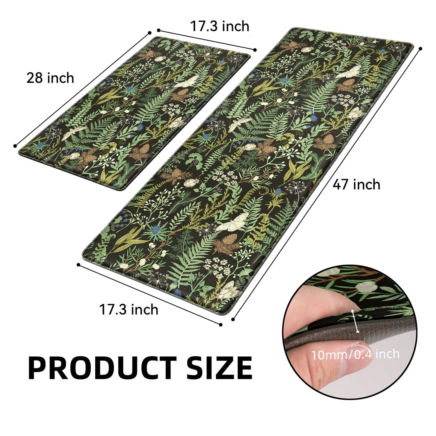 2 PCS Botanical Kitchen Rugs Set, Black Green, 17.3"x28" + 17.3"x47"