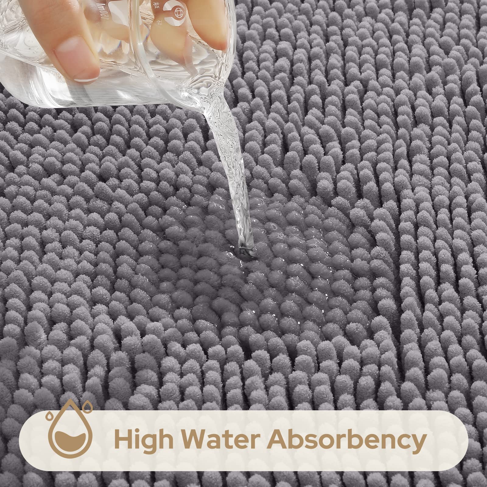 HOMEIDEAS Grey Chenille Bathroom Rugs Set of 3, Non Slip Bath Mat