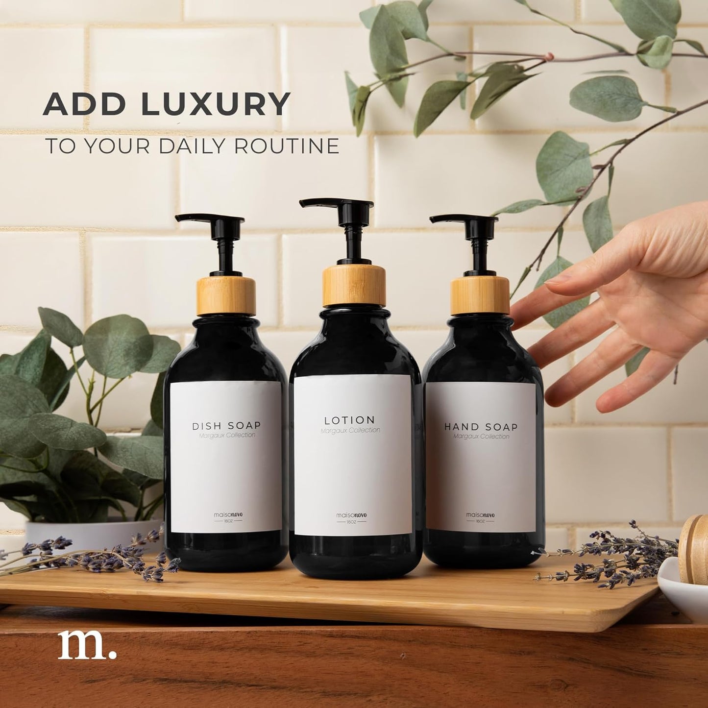 MaisoNovo Refillable Shampoo and Conditioner Bottles | 16.9 fl oz Set of 3 Black Plastic Bottles Black Bamboo Pumps