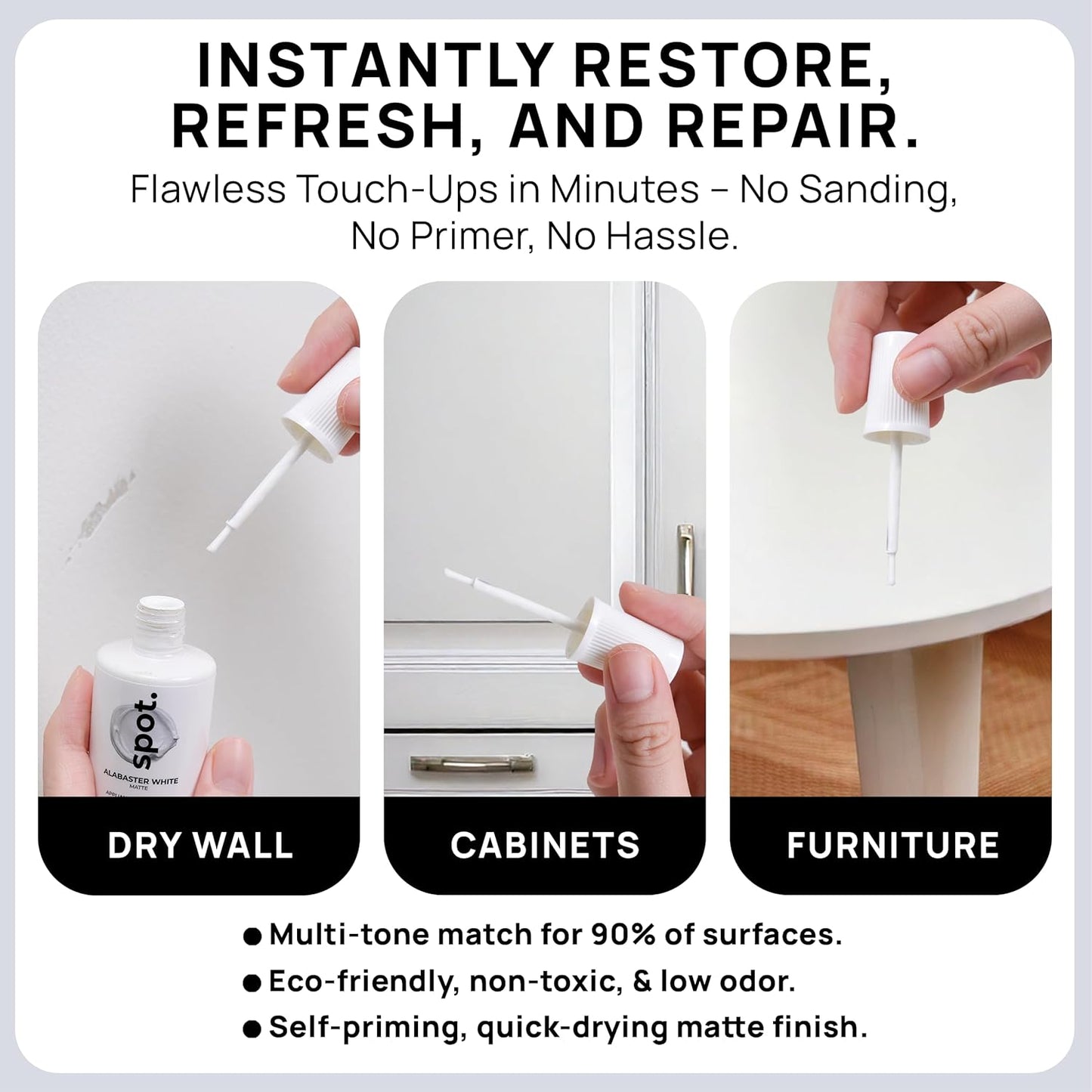 spot. Touch-Up Paint | Matte Finish for Cabinets, Walls, Doors & Furniture | Multi-Tone White Repair Kit | Quick-Dry, Self-Priming, Low-Odor, Eco-Friendly | No-Sanding or Primer Needed | 3 Pack