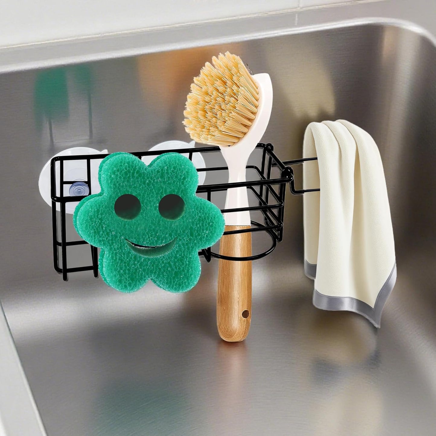Sponge Holder Smile Face with Dish Cloth Hanger for Kitchen Sink, In-sink Caddy Organizer with Suction Cups & Adhesive Strips, Rustproof Sponge Rack for Soap, Brush, Scrubber - Black