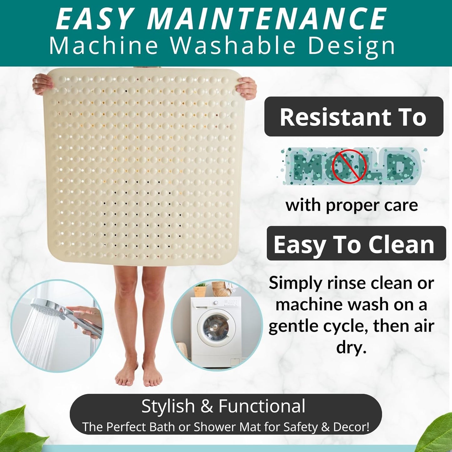 ENKOSI Extra Large Square Non Slip Shower Mat - 31 x 31-inch XL Bathroom Shower Mat - Square Shower Matts for Shower Stall Floors | Secure Suction Cups and Drain Holes (31x31 Pearl White)