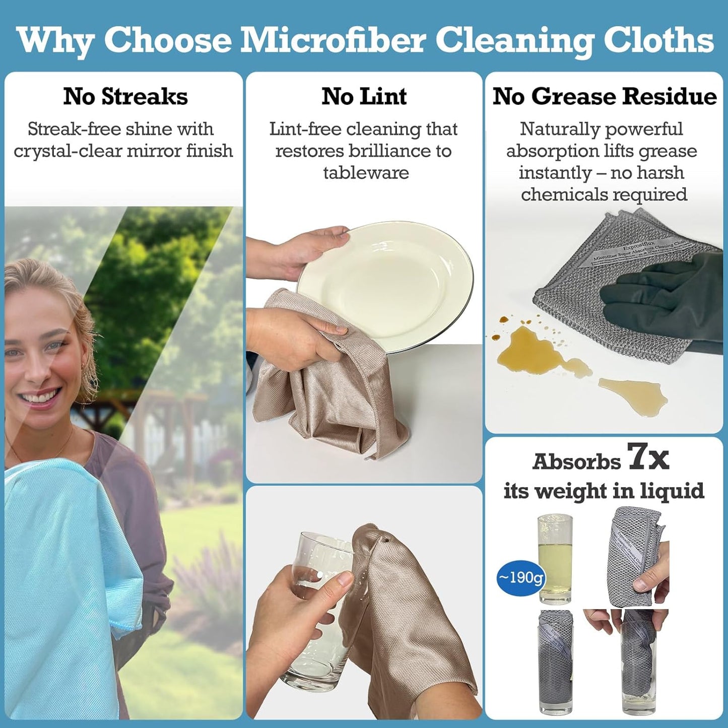 2-Step Glass Cleaning Cloth 3-Pack - Lint-Free Microfiber Towels Polish & Scrub Kit - Water Only Streak-Free for Windows, Cars, Mirrors - Blue, Brown, Gray