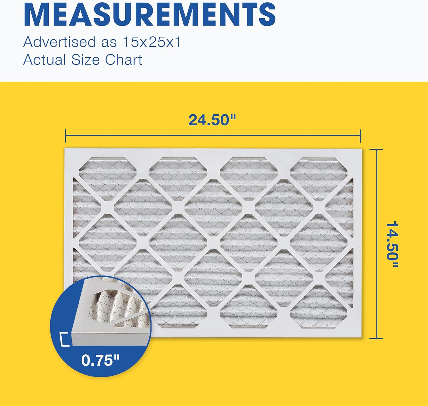Aerostar 15x25x1 MERV 13 Pleated Air Filter, AC Furnace Air Filter, 6 Pack (Actual Size: 14 1/2" x 24 1/2" x 3/4")