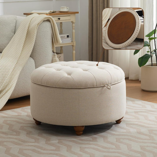 30Inch Round Storage Ottoman with Tray, Modern Tufted Fabric Circle Coffee Table with Storage
