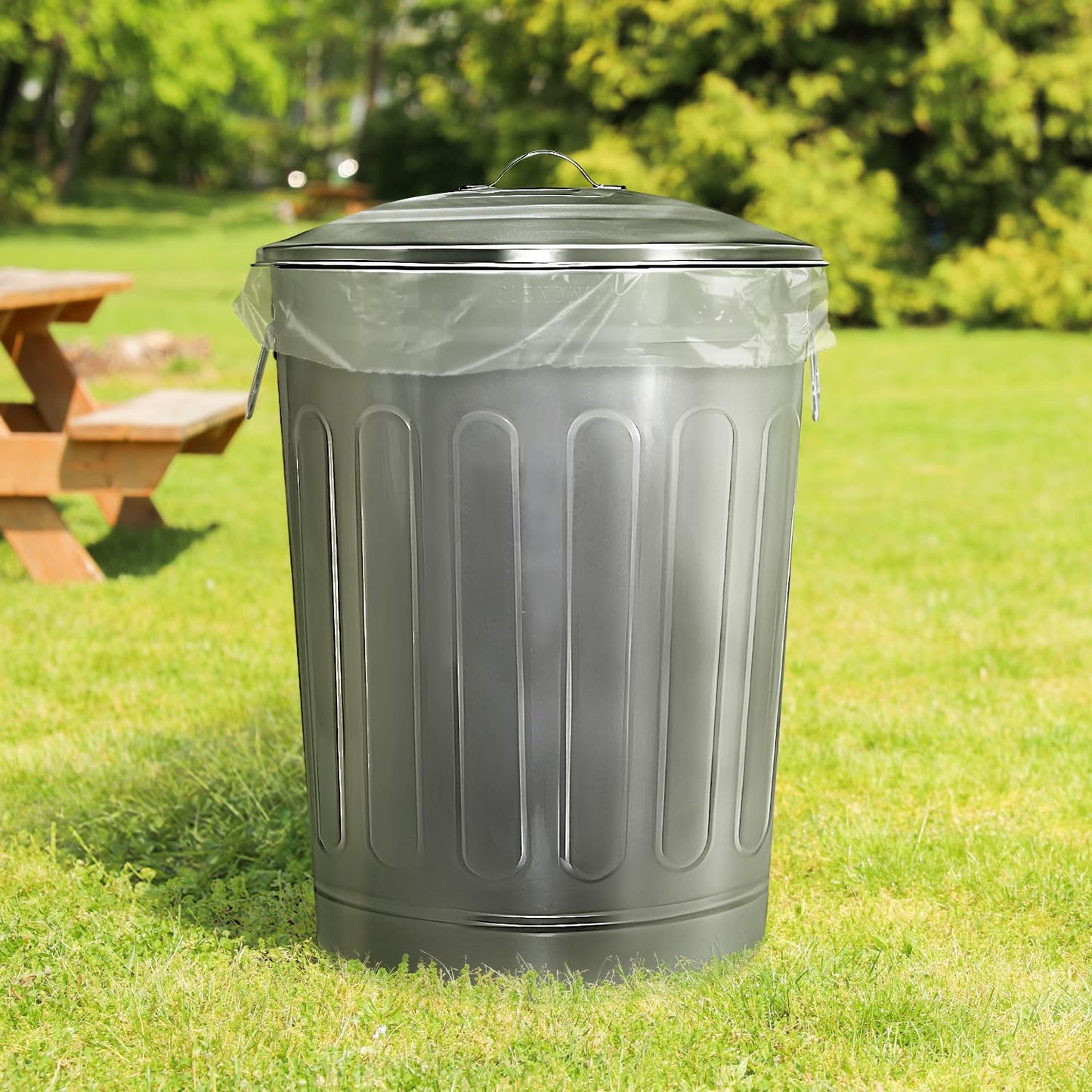 Plexon Round Trash Can 13 Gallon, Vintage Metal Outdoor Trash Can with Lid, Retro Farmhouse Garbage Container, Old School Modern Ash Bucket, Galvanized Steel 3 Pack