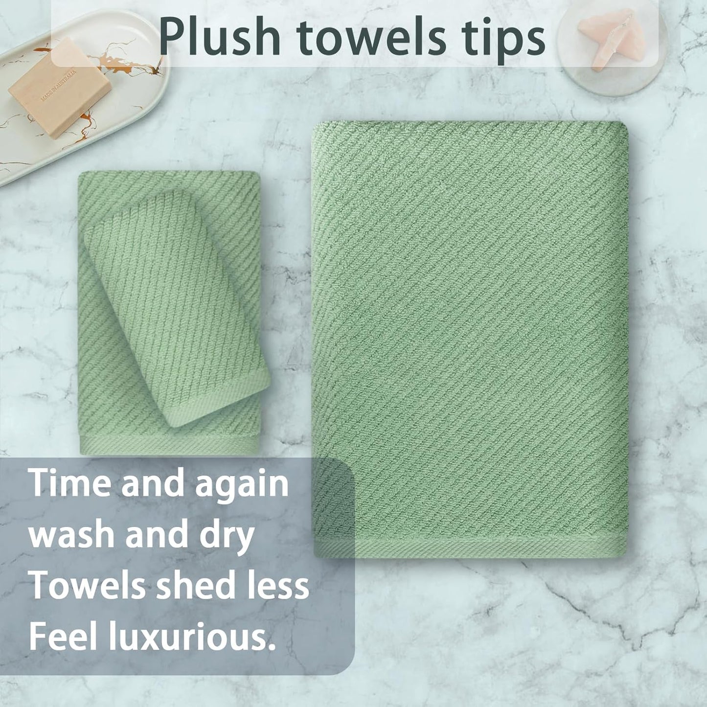 VOOVA & MOVAS Green Towels for Bathroom, 100% Cotton | Quick Dry | Soft | Thick, 3 Piece Towel Set, 1 Large Bath 30" x 56", 1 Hand 18" x 28", 1 Wash Cloth 13" x 13", Bathroom Essentials, Sage Green