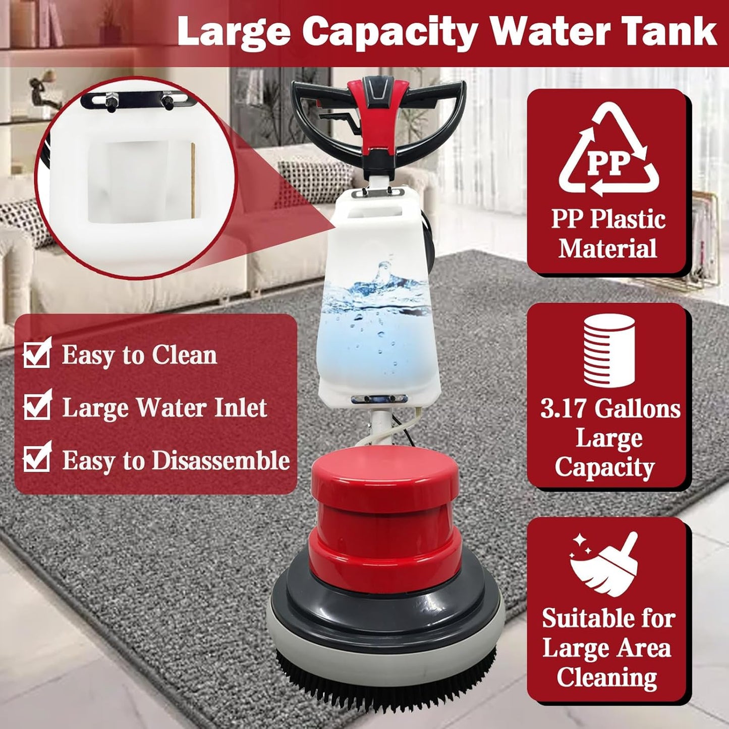 TECHTONGDA Floor Polisher & Buffer Commercial Floor Buffer Scrubber 17" Carpet Cleaning Machine 154RPM Industrial Orbiter Floor Cleaning with 3gal Tank and 3 Brush heads