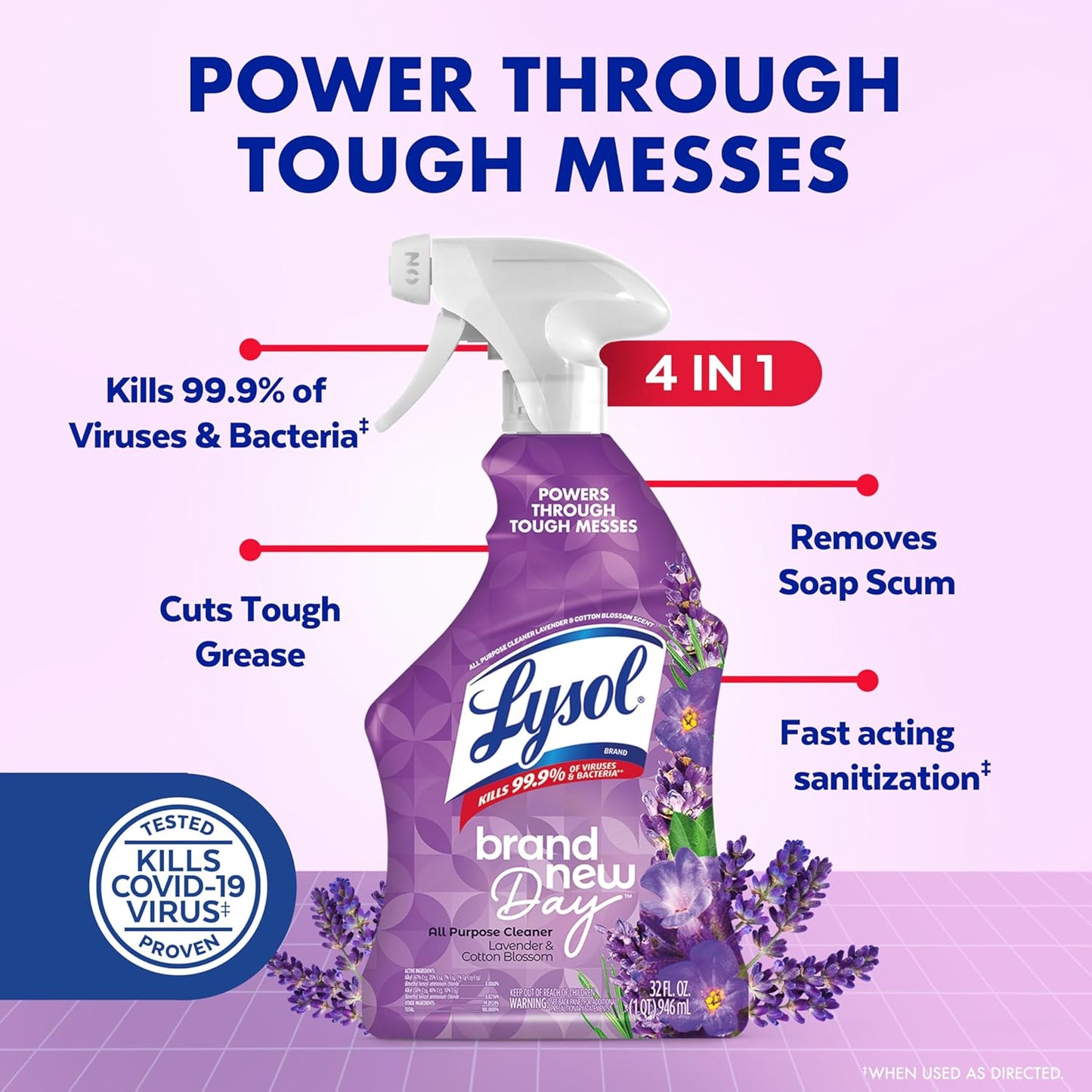 Lysol All Purpose Cleaner Spray, Multi-Purpose Disinfecting Spray, Kitchen & Bathroom Cleaner, Lavender & Cotton Blossom Scent, 32 Fl Oz