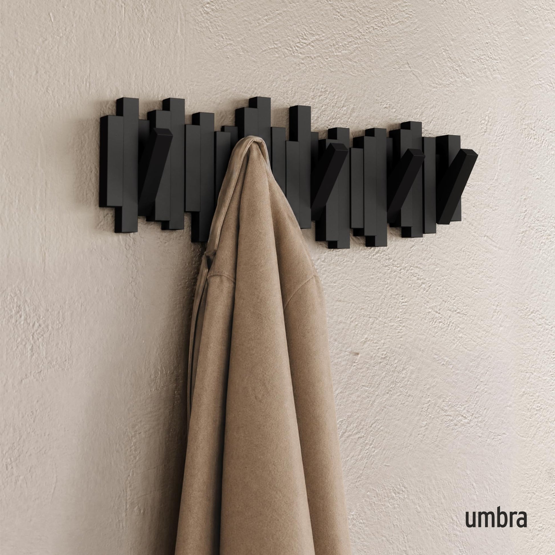 Umbra Sticks Wall Mount Coat Rack, 5 Hook Retractable Pegs, Black