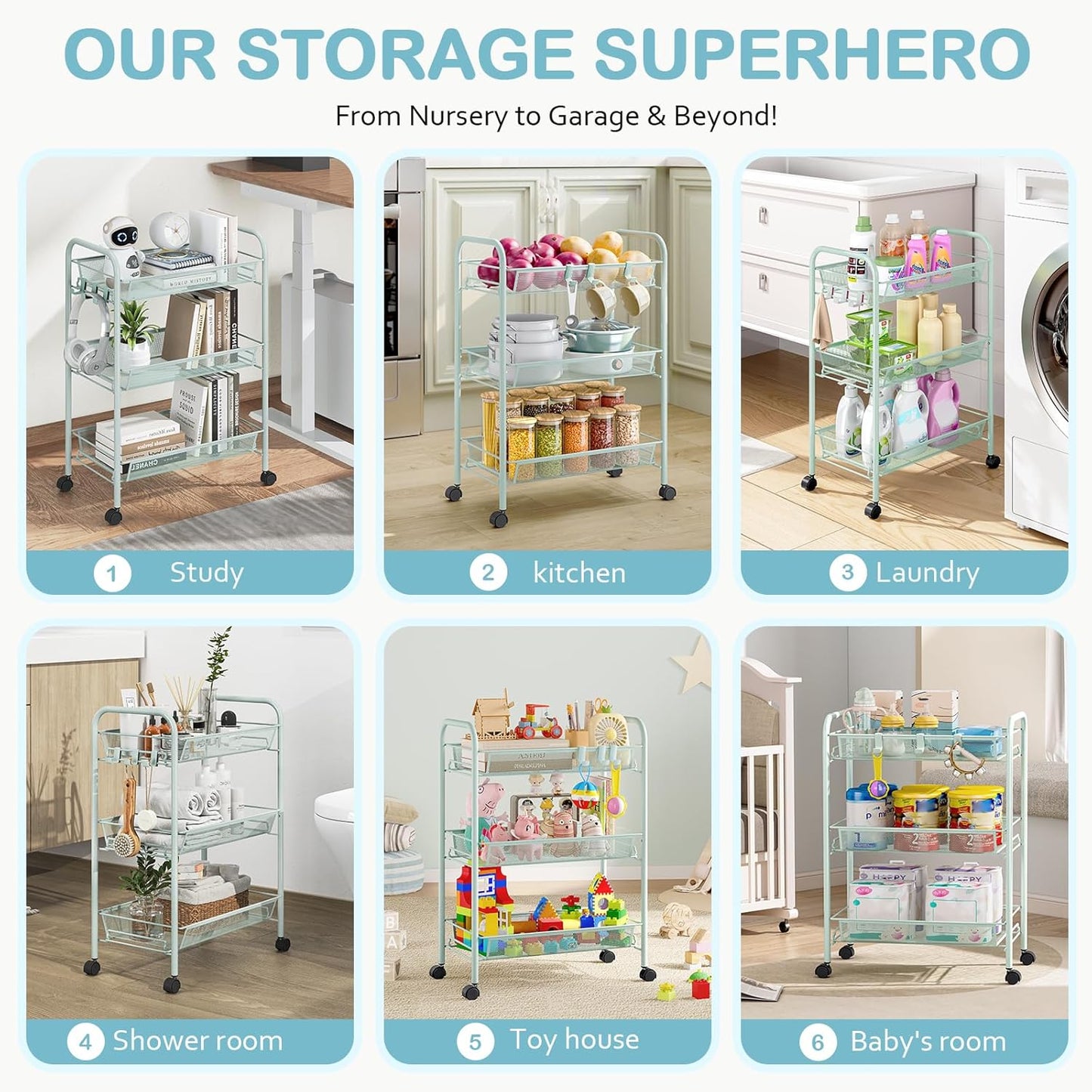 TOOLF 3-Tier Metal Rolling Cart, Mesh Wire Easy Assemble Utility Cart, Storage Trolley on Wheels with 3 Hooks, MetalStorage Shelving Units for Kitchen Bathroom Laundry Room