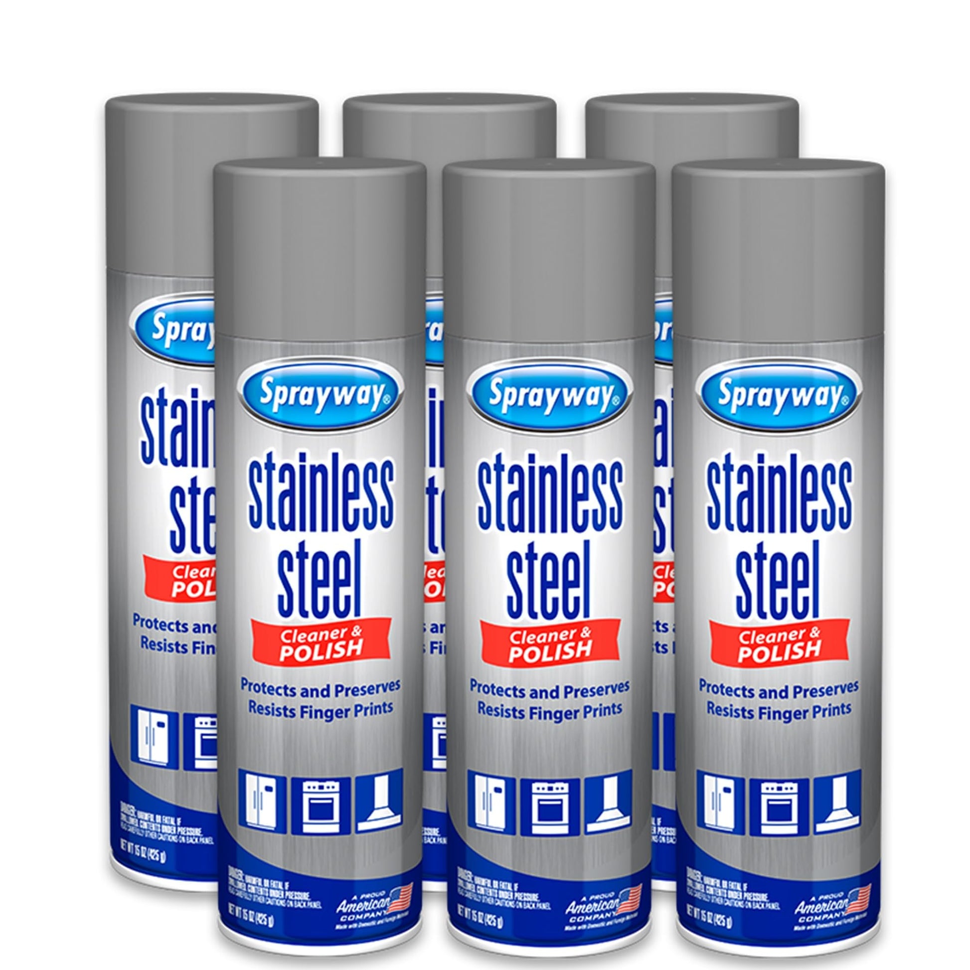 Sprayway Stainless Steel Cleaner Aerosol Spray (Water-Based), 15oz, Pack of 6 | Cleans, Polishes