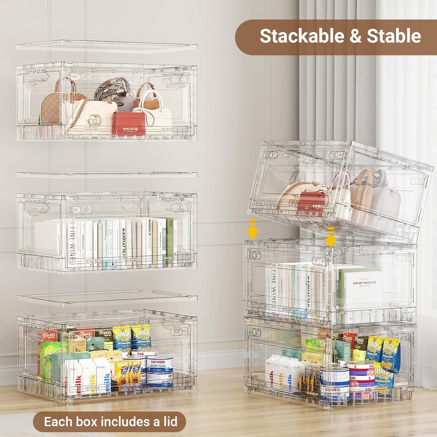 BROVIEW Clear Stackable Storage Bins Drawers, Open Front Large Plastic Storage Bins with Lids, Foldable Closet Organizers and Storage for Wardrobe Cabinets, Pantry, Makeup,3 Pack