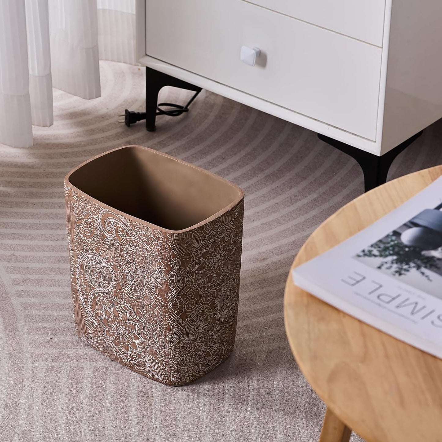 Polytree Boho Flowers Bathroom Trash Can 1.8 Gallon(7 Liter) Small Kitchen Garbage Can,Living Room Bedroom Trash Can, Decor Wastebasket for Home Office,Retro Brown