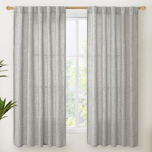 YoungsTex Dark Grey Linen Curtains 63 Inch Length for Living Room, Light Filtering Semi Sheer Drapes Back Tab Rod Pocket for Bedroom Office Lightweight Window Treatments, 42 X 63 Inch, 2 Panels