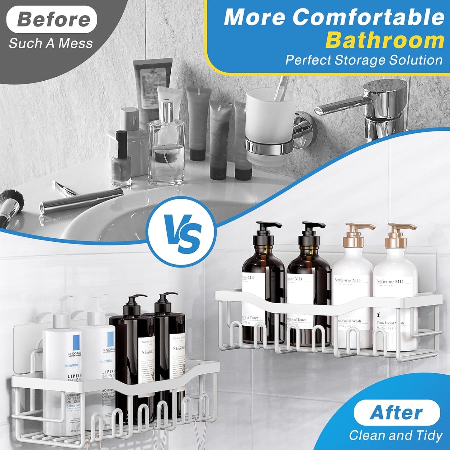 EUDELE 5-Pack Rustproof Stainless Steel Shower Caddy – No Drill Adhesive Bathroom Organizer with Large Capacity, Spacious Shower Shelves for Inside Shower, Kitchen & Home Decor Storage-XL Size