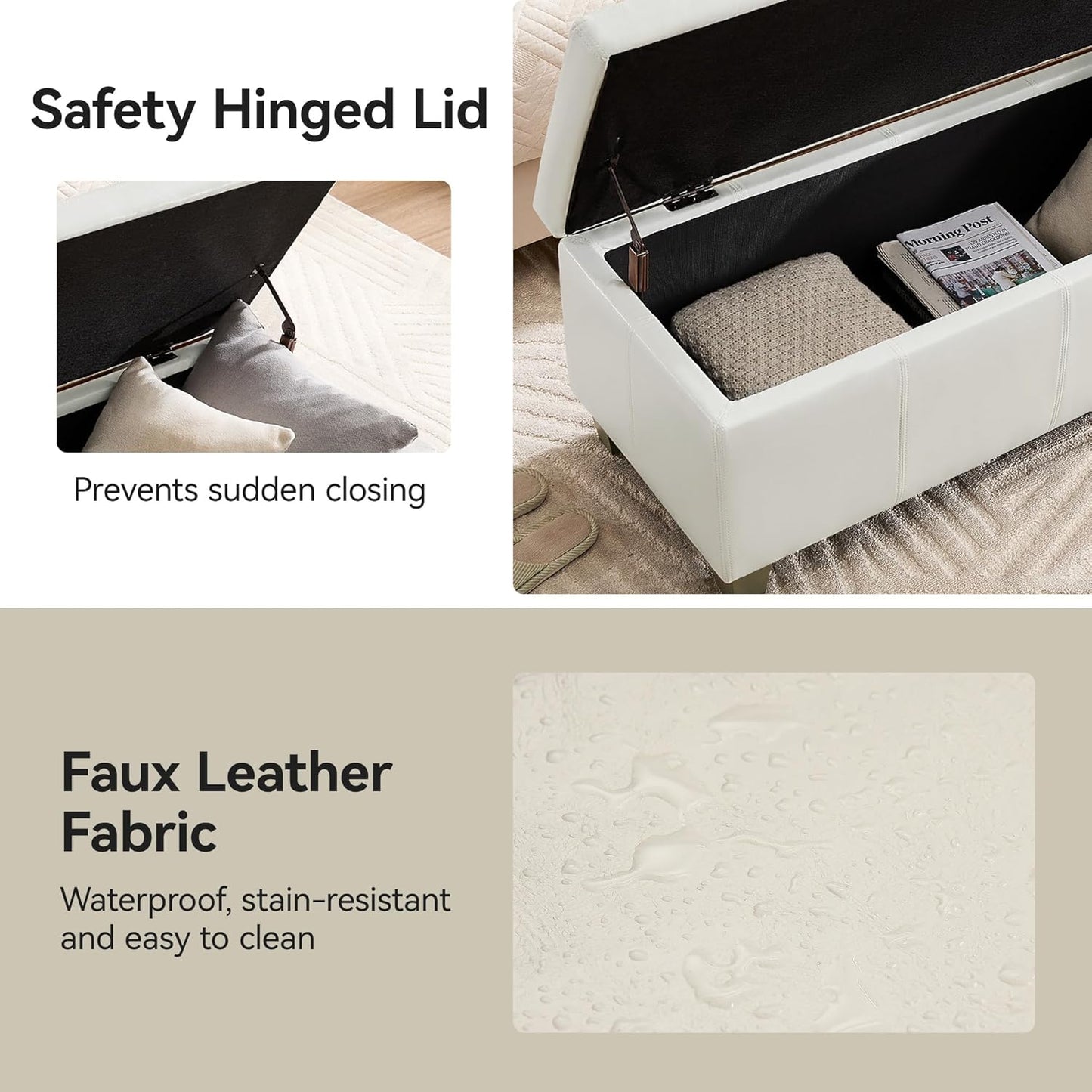 41" Faux Leather Storage Ottoman, Stitch Tufted Rectangle Upholstered End of Bed Storage Bench, Entryway Large Couch Ottoman with Wooden Legs,White