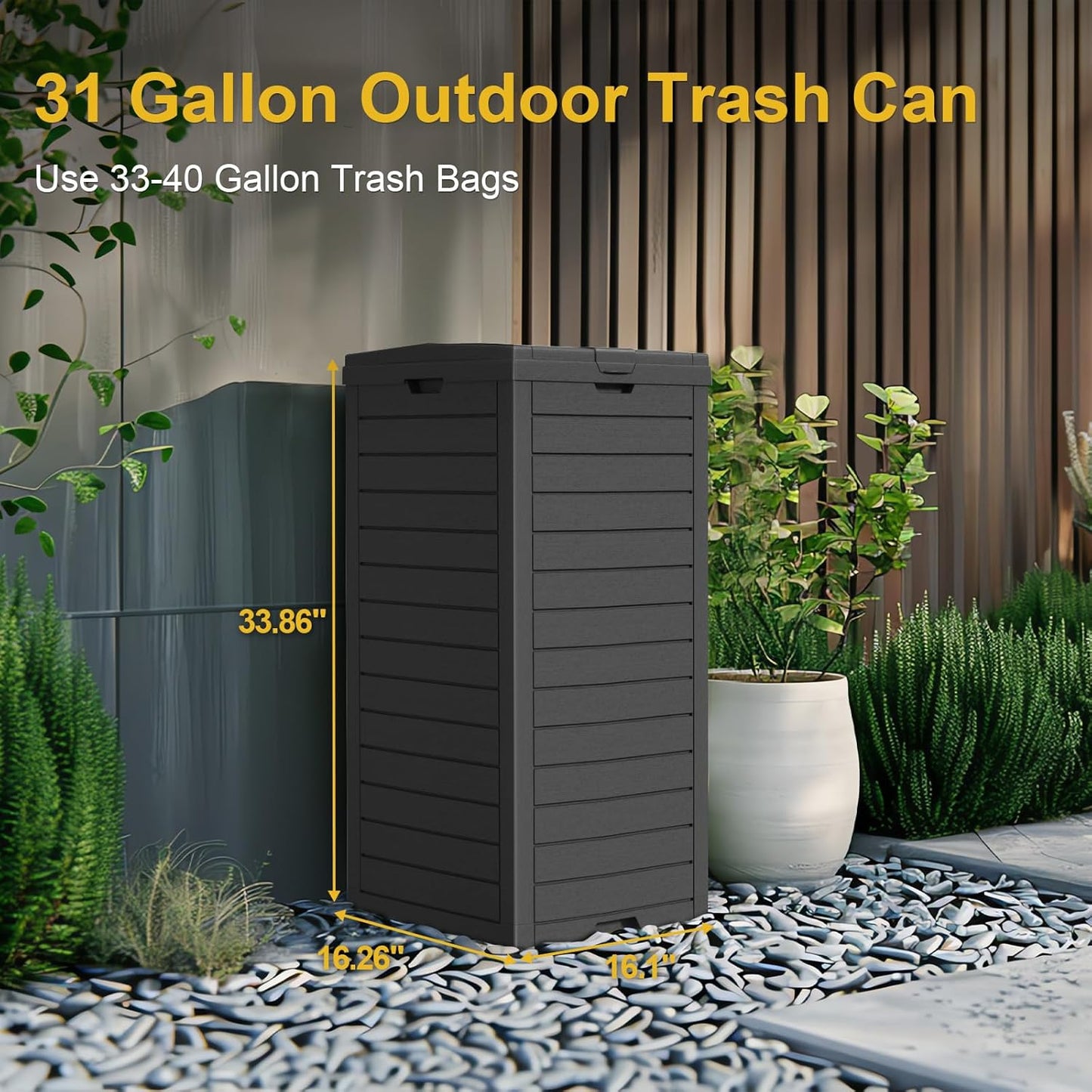 Outdoor Trash Can Waterproof Resin Garbage Bin, 31 Gallon with Tiered Lid and Drip Tray, for Patio, Backyard, Deck（Grey）, Gray